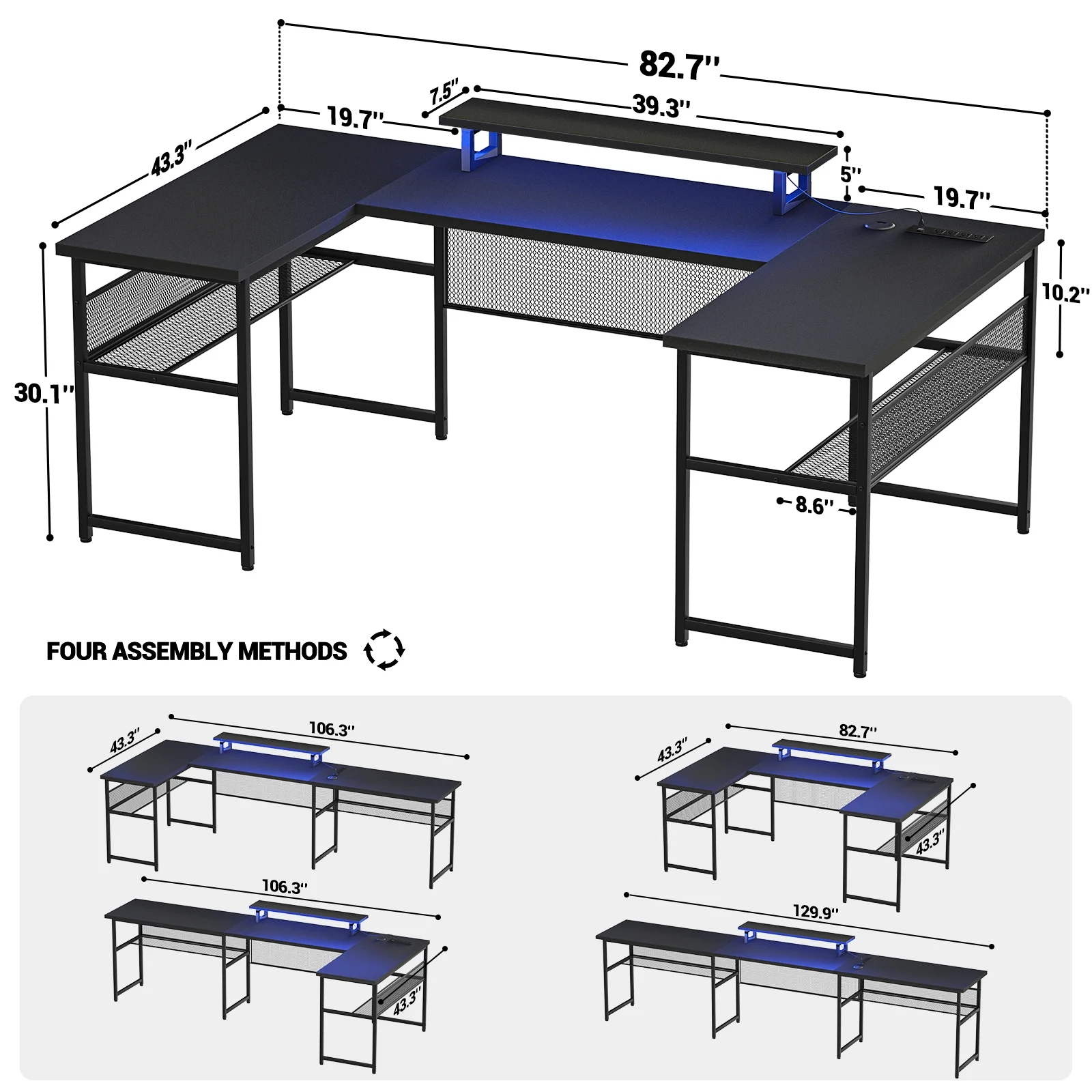 Homieasy U Shaped Desk with Power Outlet and LED Strips, 129.9'' Ergonomic L-Shaped Gaming Desk with Monitor Stand, Reversible Corner Computer Desk with Storage Shelf for Home Office, White Oak