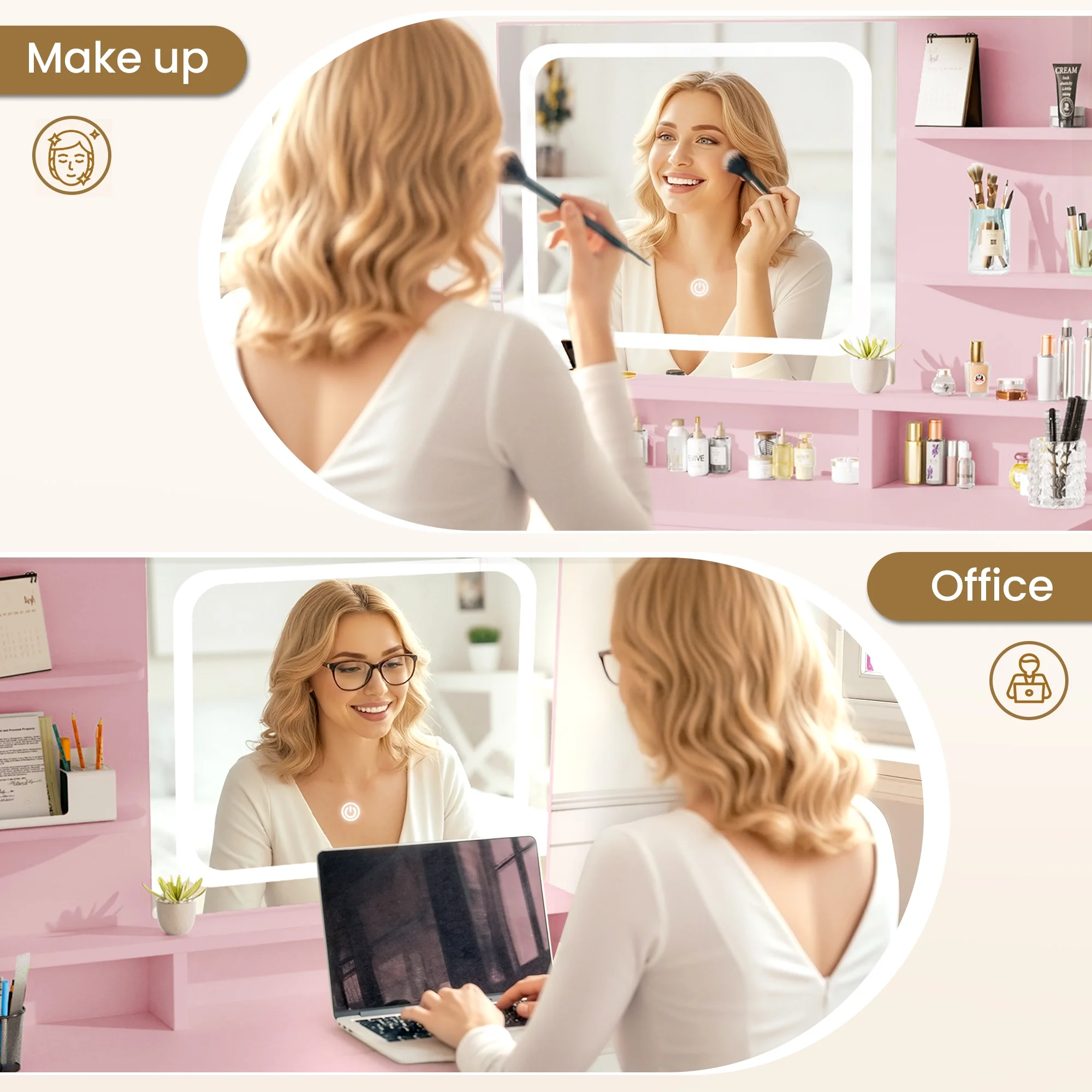 LIVELYGLOW Vanity Desk with Mirror and Lights, Makeup Vanity with Drawer & Storage Shelves, Cabinet, 3 Lighting Modes Adjustable Brightness,White