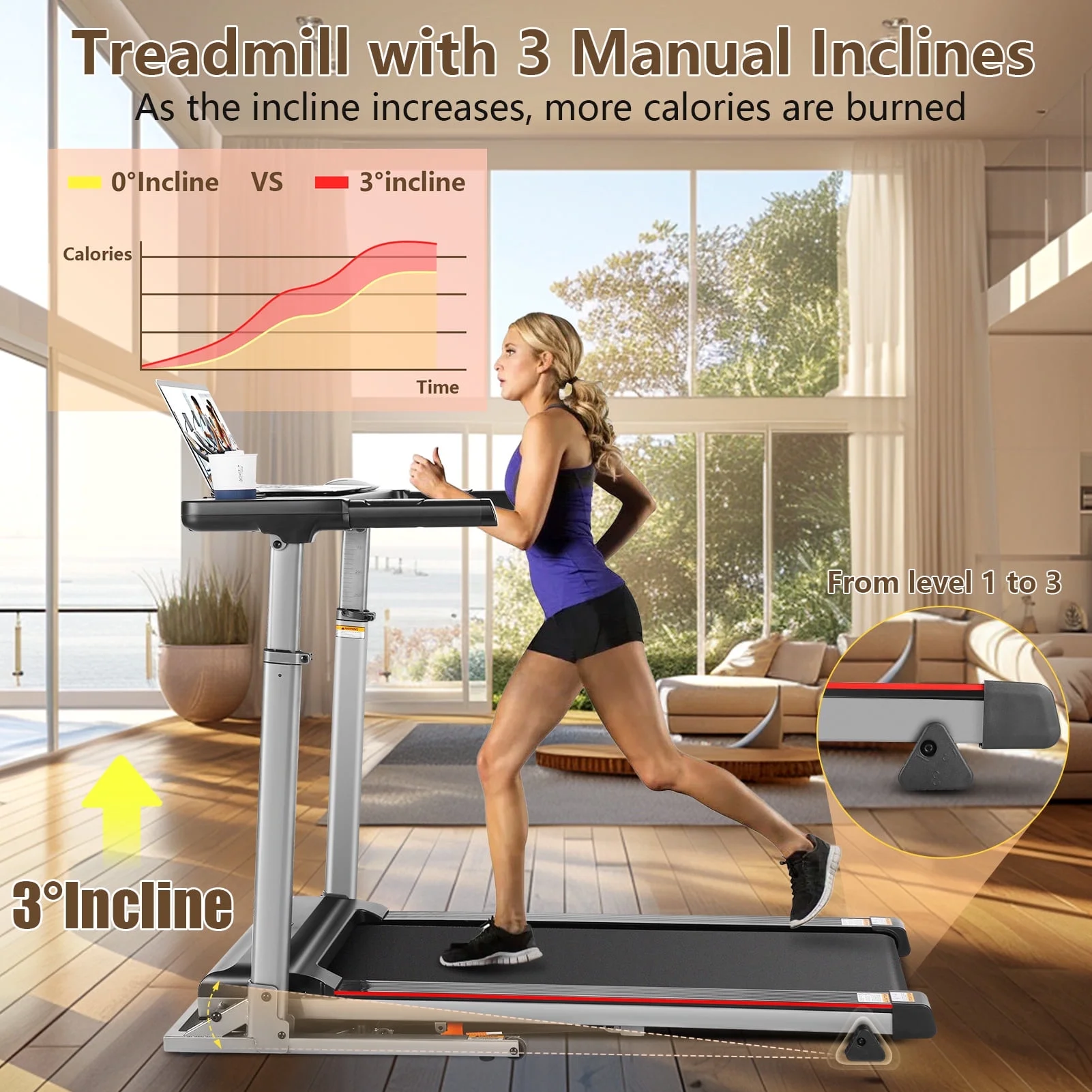 Simpfree Treadmill with Height-Adjustable Desk, 300LBS Folding Treadmill with Incline\App\Bluetooth Speakers\LED Monitor\64 Programs for Home, 0.6-7.5MPH/h