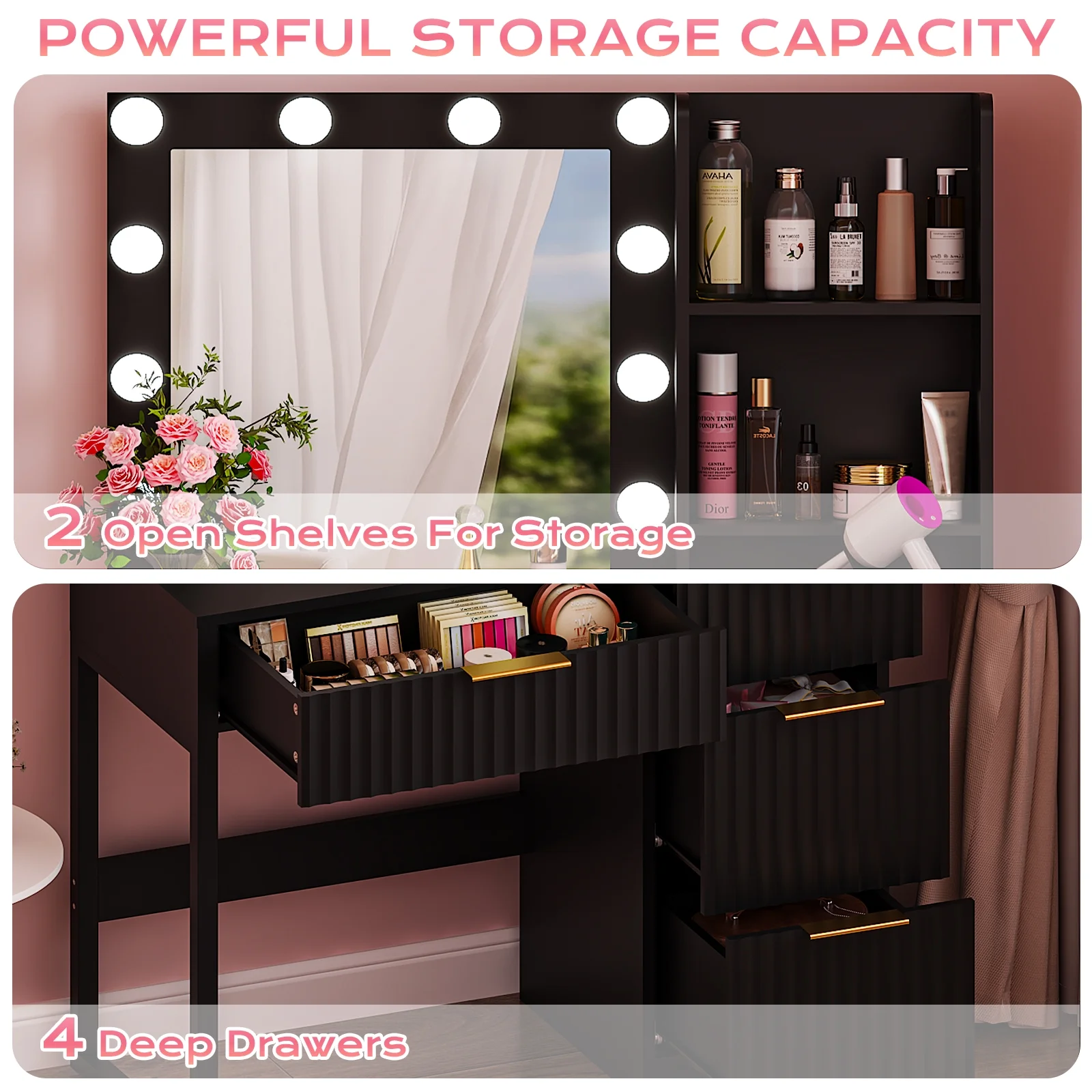 Ktaxon Vanity Set with 3 Color Lighted Mirror, Makeup Table with 3 Storage Shelves & Drawers, Dressing Table Makeup Desk with Stool,White