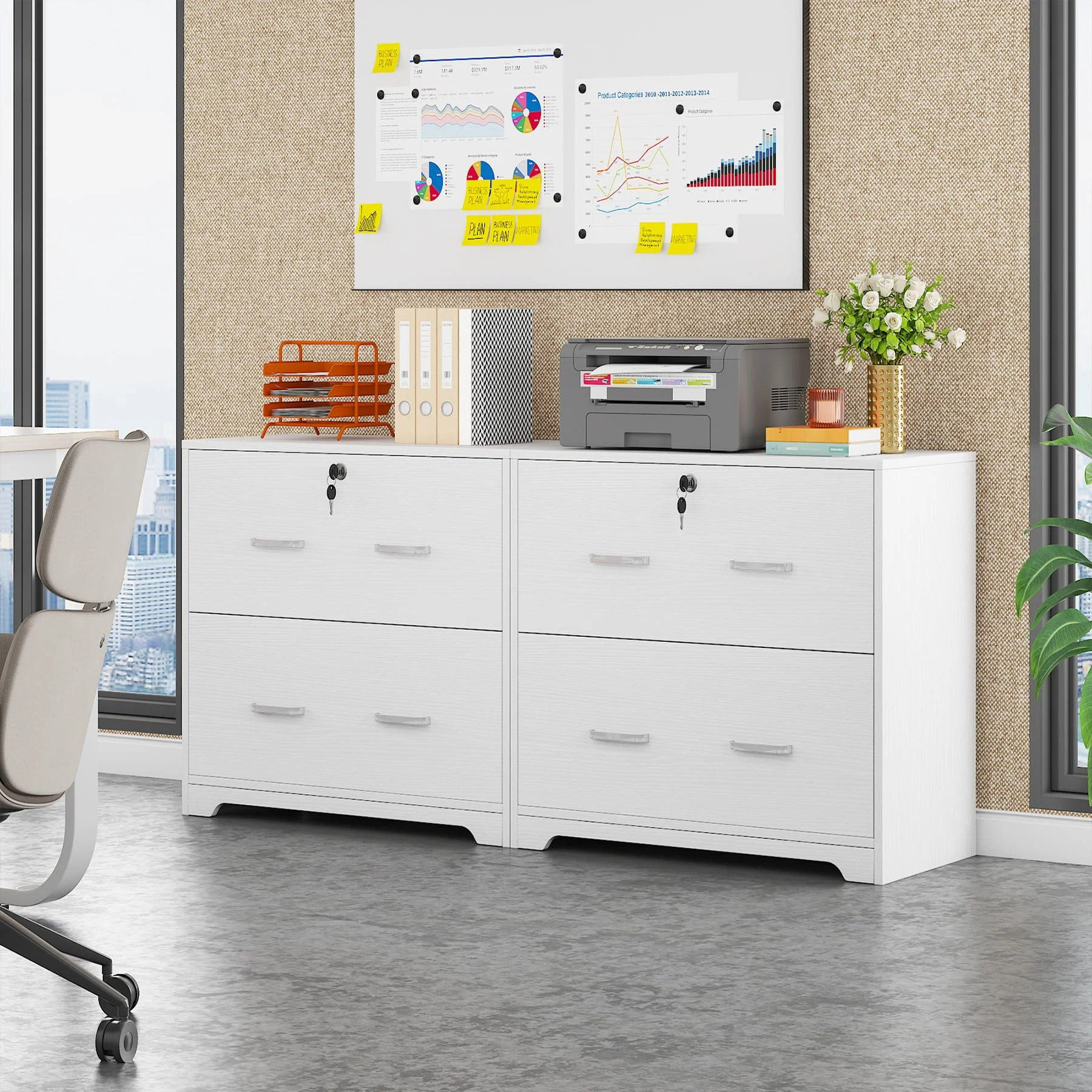 Tribesigns 2-Drawer Lateral File Cabinet for Hanging Letter/Legal/F4/A4 Size Files, White Wood Filing Cabinet with Lock