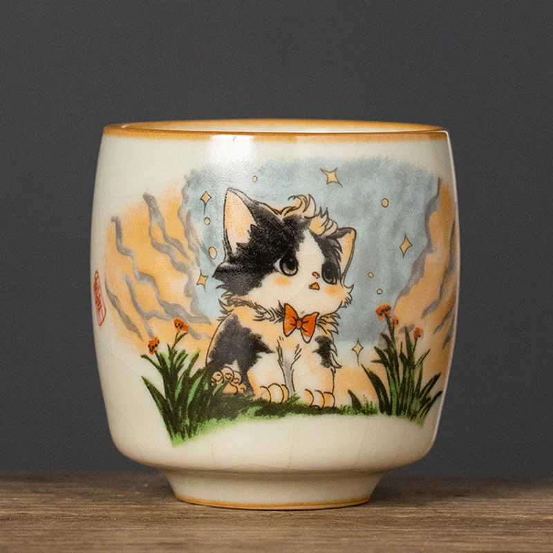 Buddha Stones Cute Bow Tie Cat Teacup Kung Fu Tea Cup