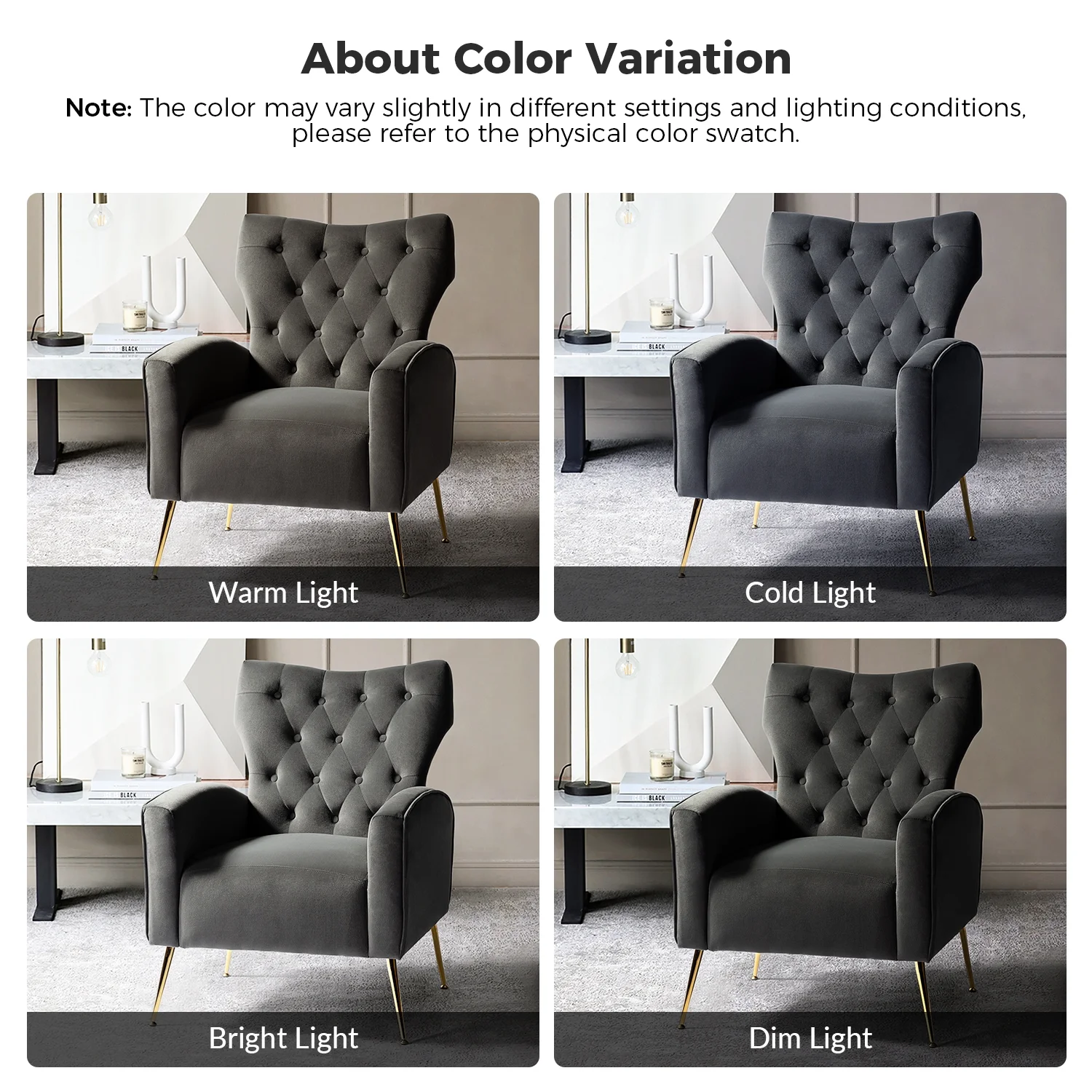 Modern Velvet Accent Chair Upholstered Sofa Armchair Button Tufted Metal Legs Adult Bedroom Home Living Room Grey