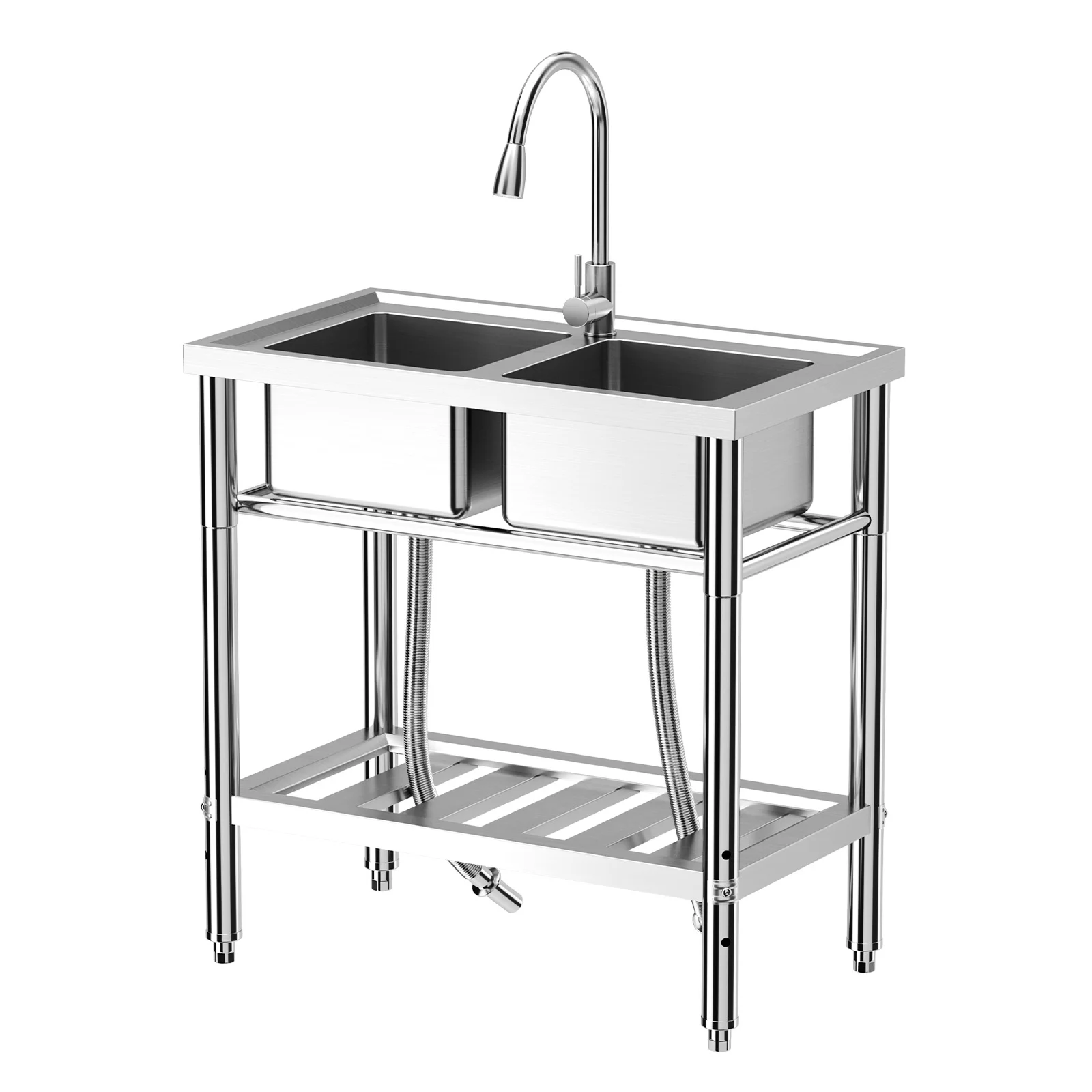 Danolapsi Stainless Steel Sink, Freestanding Double Bowl Laundry Sink with Hot & Cold Hoses, Outdoor Camping Utility Sink for Garage, Restaurant, Backyard