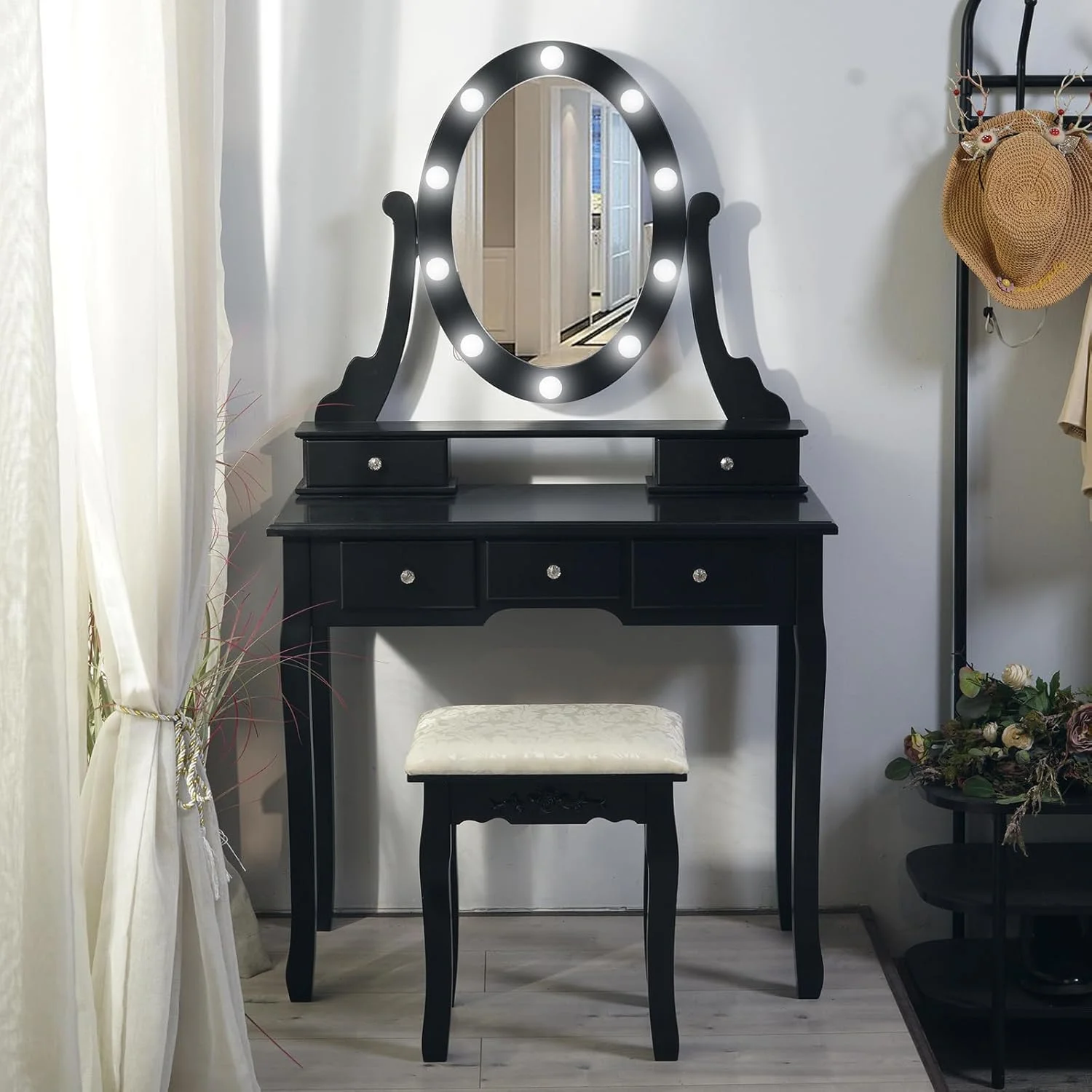 TROPOW Vanity Desk,Makeup Vanity,with Mirror and Lights,Vanity Desk with Mirror and Lights, Wood Makeup Dressing Table Stool with & Oval Mirror 3 Colors Lighting Modes Modern,Black