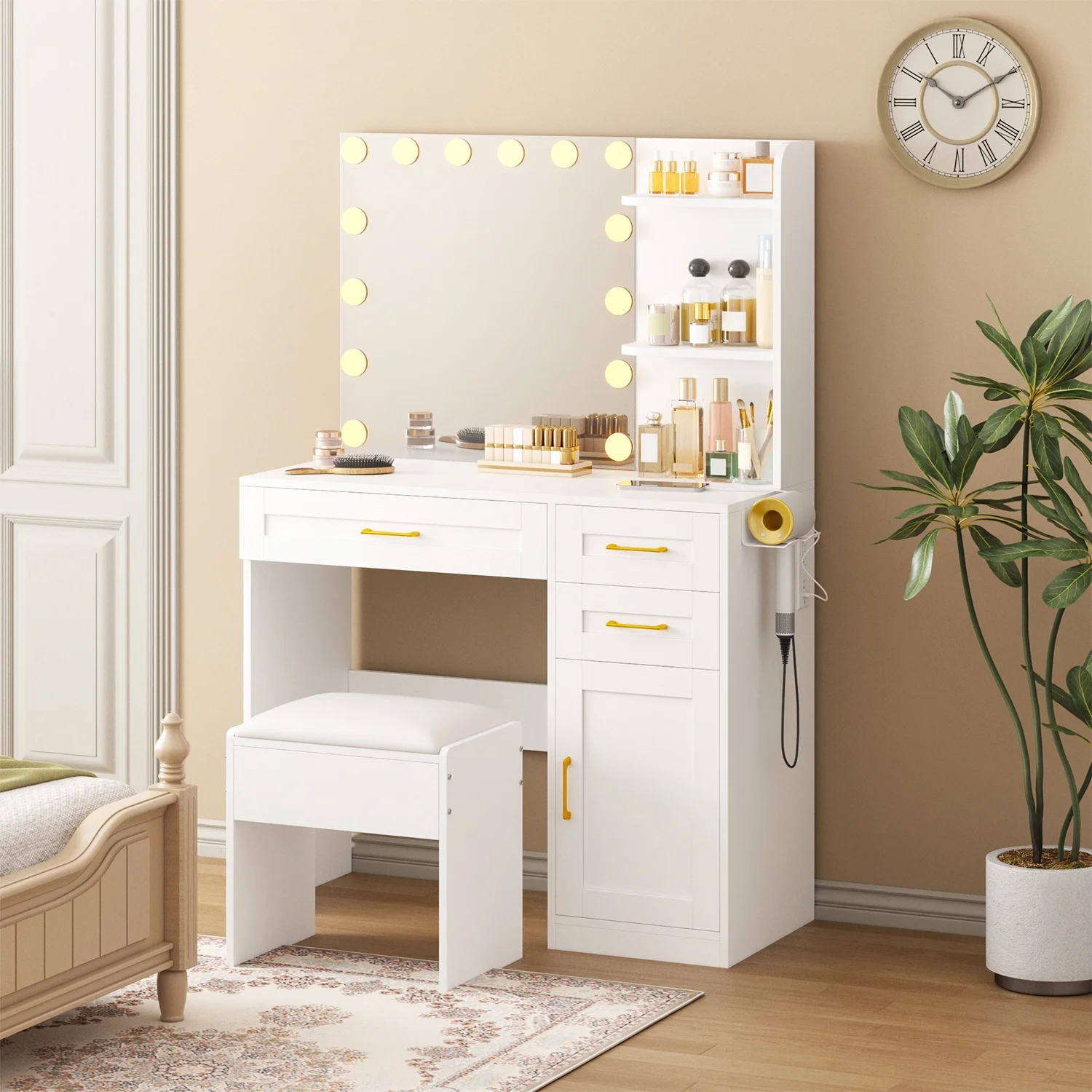 Tomnk White Vanity with Lights Mirrors, Makeup Vanity Desk with Drawers and Chair, Power Outlet