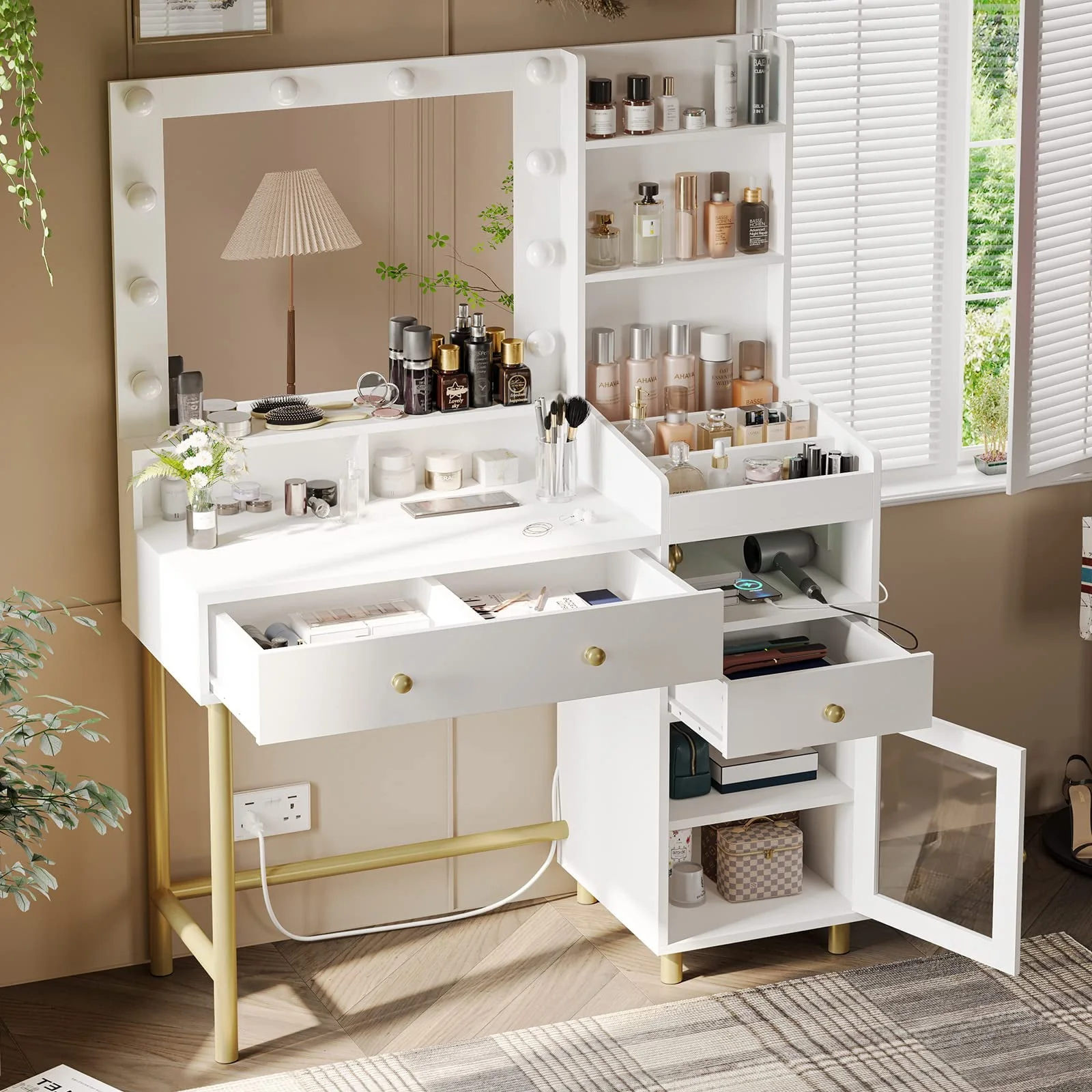 Vanity Desk with Mirror and Lights in 3 Colors,Vanity Makeup Desk with Lights and Drawers,White Vanity Table with Charging Station,Unique Separation Design