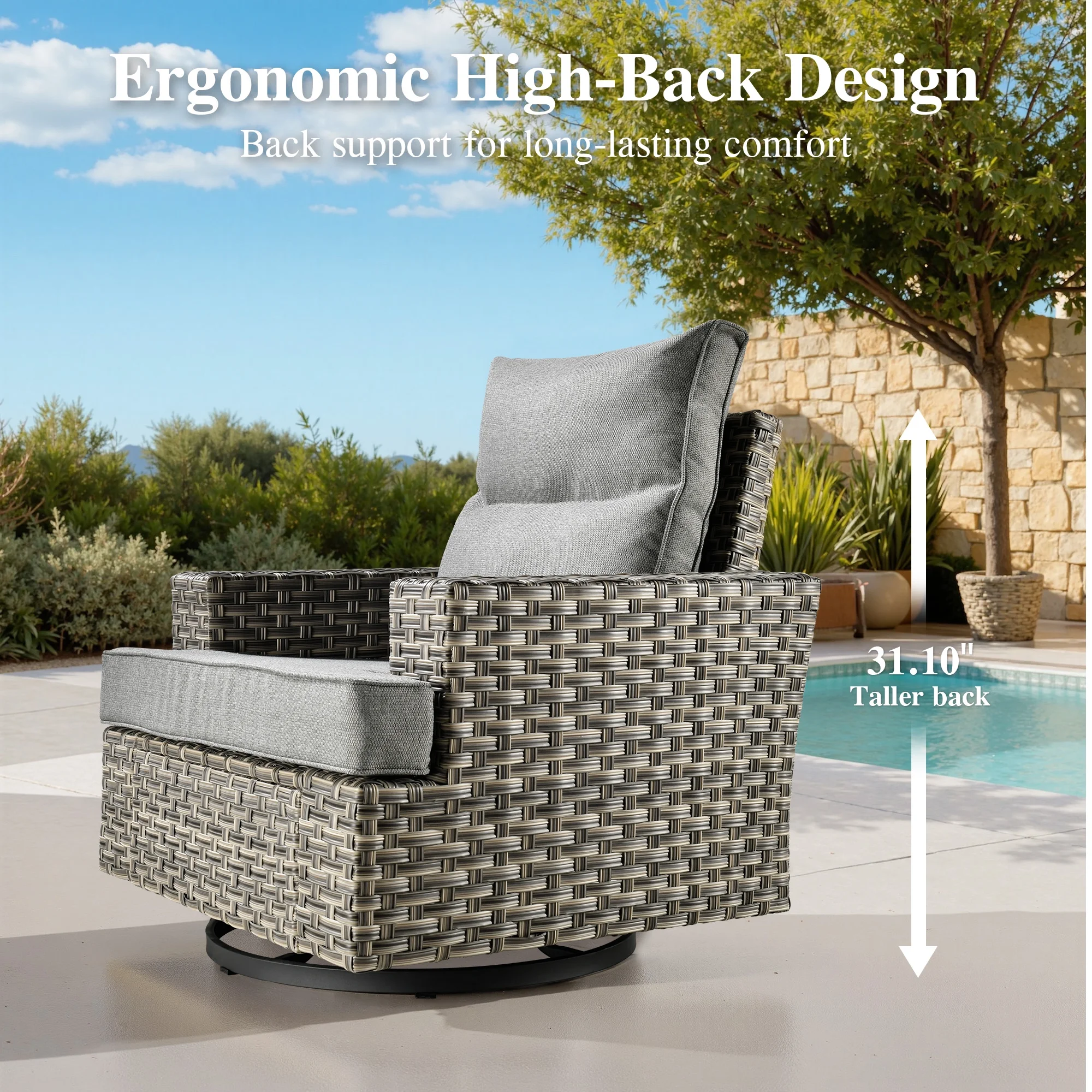 Ovios 10 Pieces Outdoor Patio Furniture Modern High-Back All-Weather Wicker Sectional Conversation Set with Propane Fire Pit Table & Swivel Chair, Dark Gray