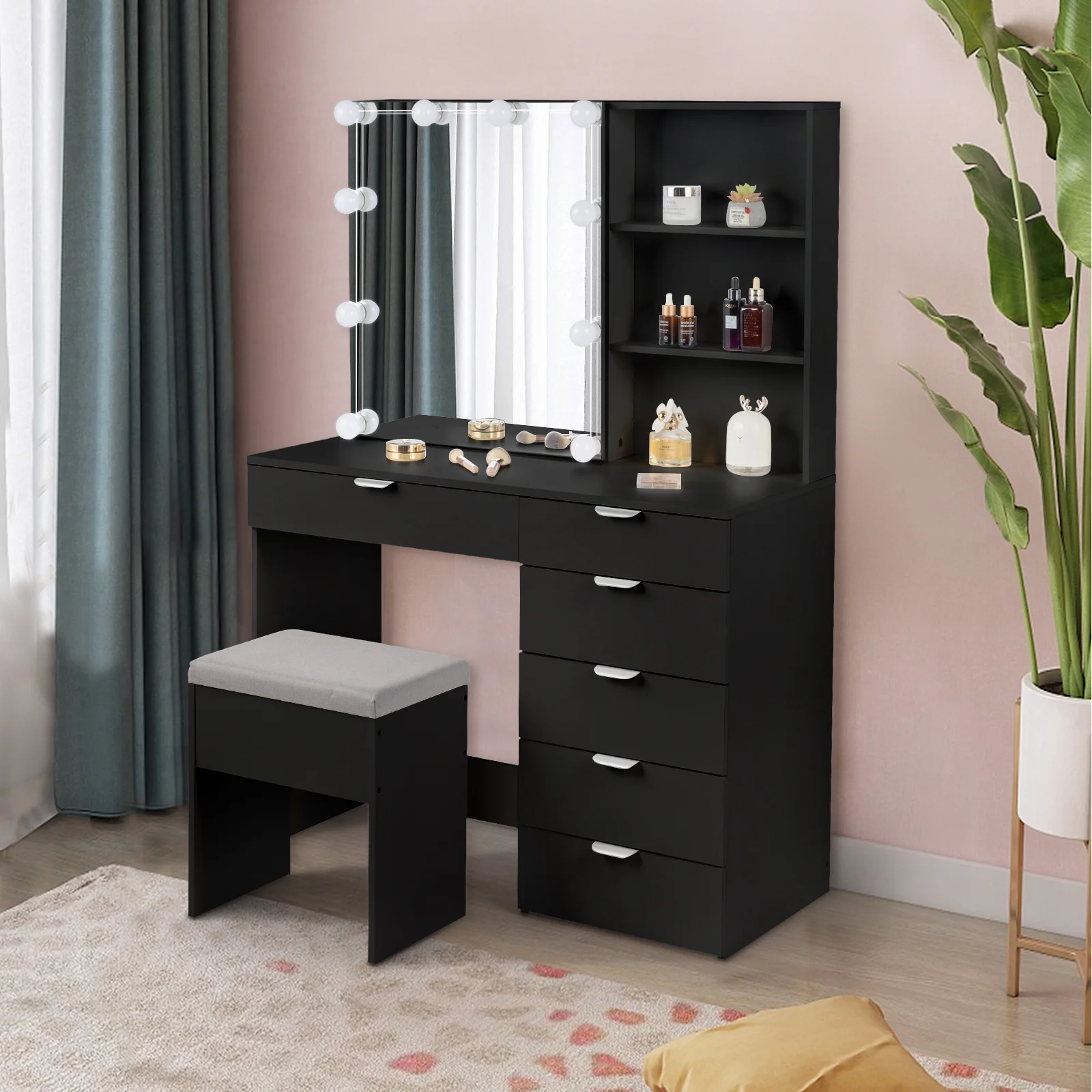 Ktaxon Vanity Set with 3 Color Lighted Mirror, Makeup Table with 6 Drawers, Dressing Table Makeup Desk with Stool,White