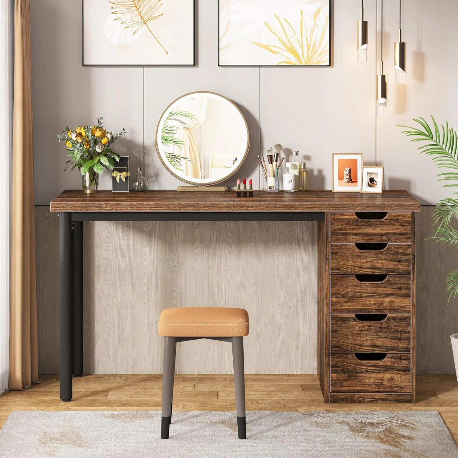 Tribesigns 47 inches Vanity Desk with 5 Drawers, Rustic Makeup Dressing Table with Storage, Modern Simple Computer Desk for Women, Girls (Brown)