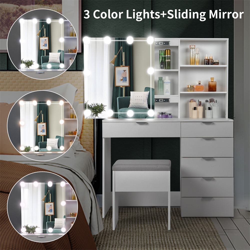 Tcbosik Makeup Vanity with LED Mirror & Charging Station, Vanity Desk with Ample Storage Space, Dressing Table with Shelves and 5 Drawers for Bedroom, White