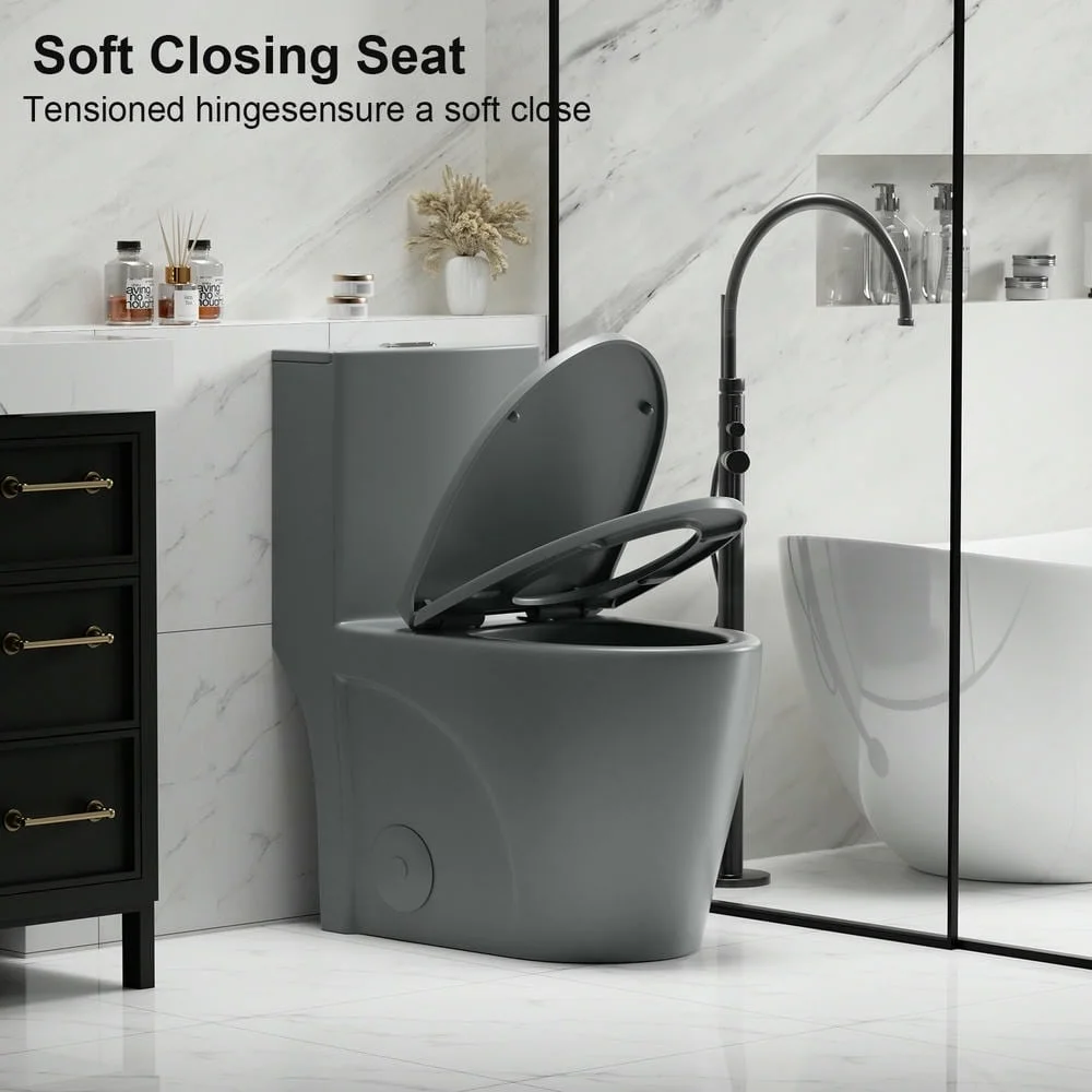 Spaco 1.1/1.6 GPF Dual Flush One-Piece Toilet, Button on Tank top S-trap 12 inches, Elongated Bowl with Soft Close Seat, Water-Saving MAP 1000g, Comfort Chair Seat ADA Height, Light Gray