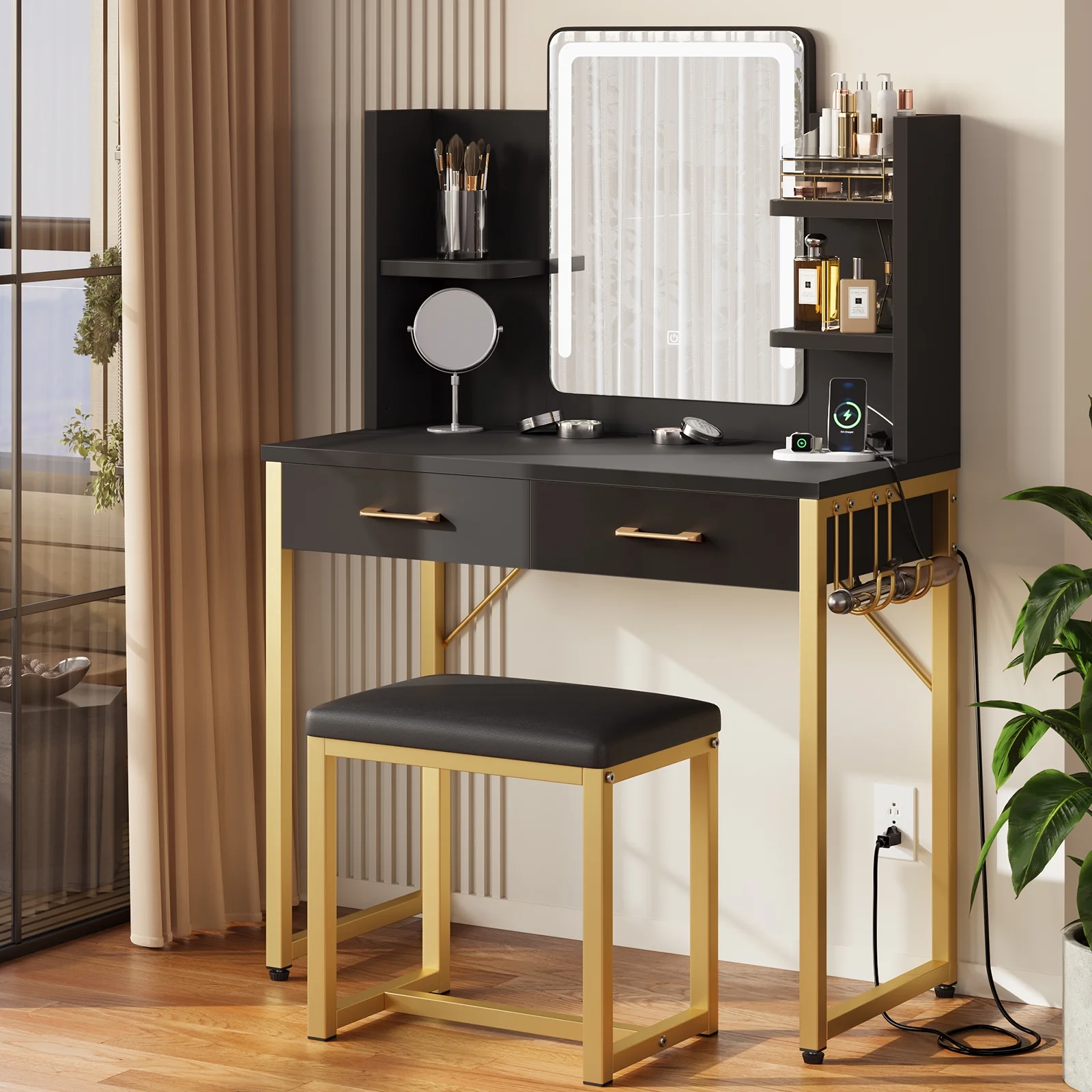 Bestier Makeup Vanity Set with Mirror and Lights, Vanity Desk with Drawers, Power Outlet & Cushioned Stool, Vanity Table for Bedroom,  Black