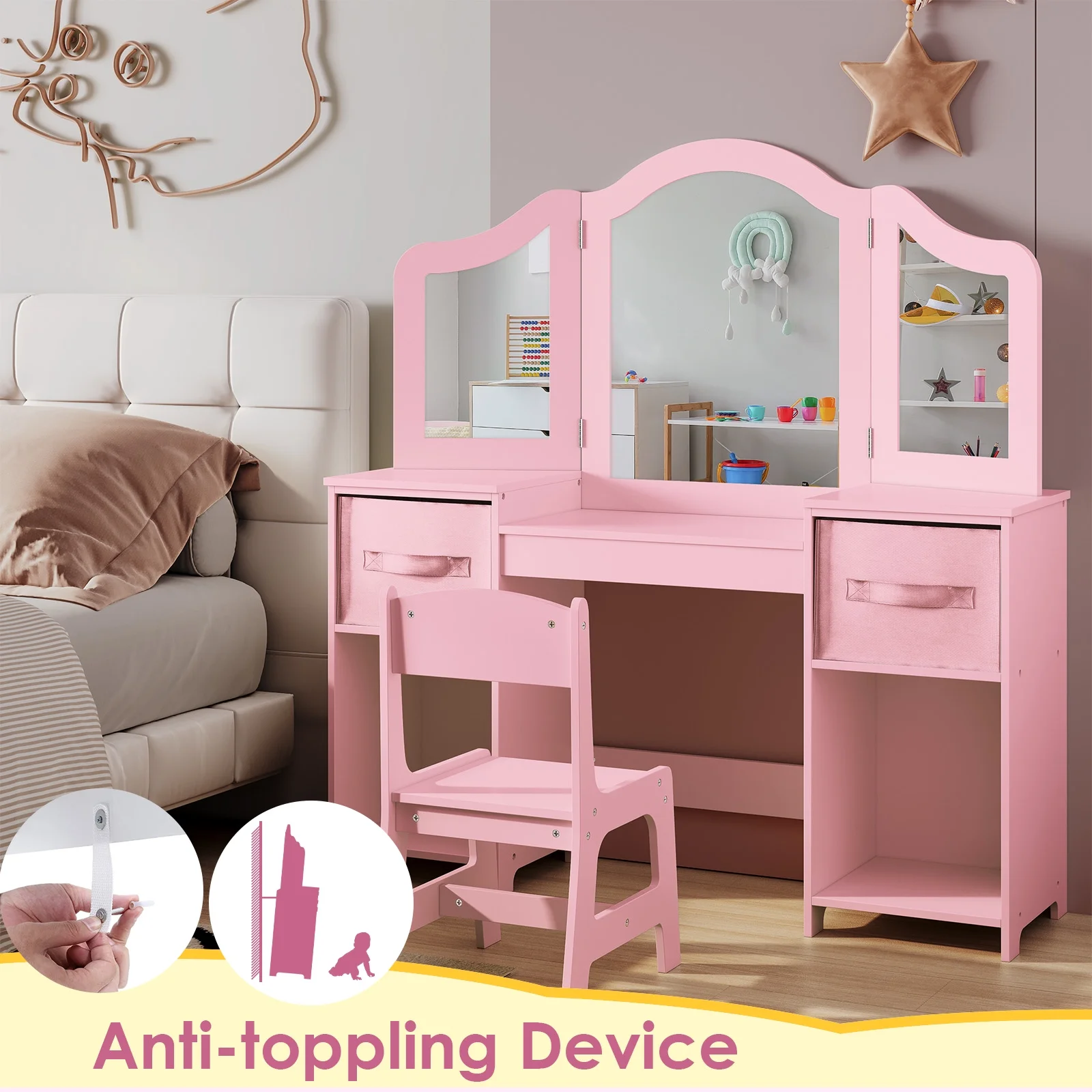 Arlopu Kids Vanity Set with Stool, Wooden Makeup Vanity Desk Children Dressing Table with Chair, Tri-Folding Mirror, Storage Cabinet & Drawers