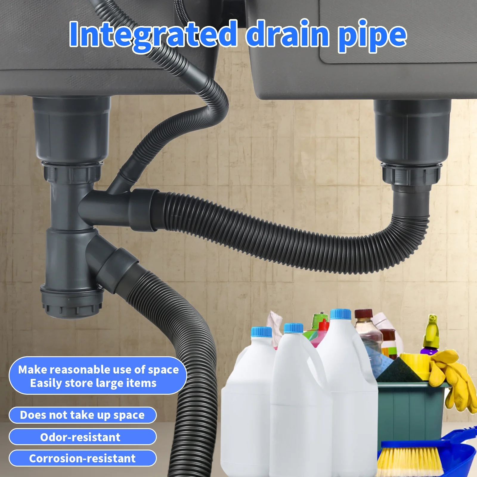 MEET Double Bowl Kitchen Sink & Drain Kit, 32 in Stainless Steel Vegetable Dishwashing Basin with Sewer Pipe Drain Basket, 8-Inch Deep, Black