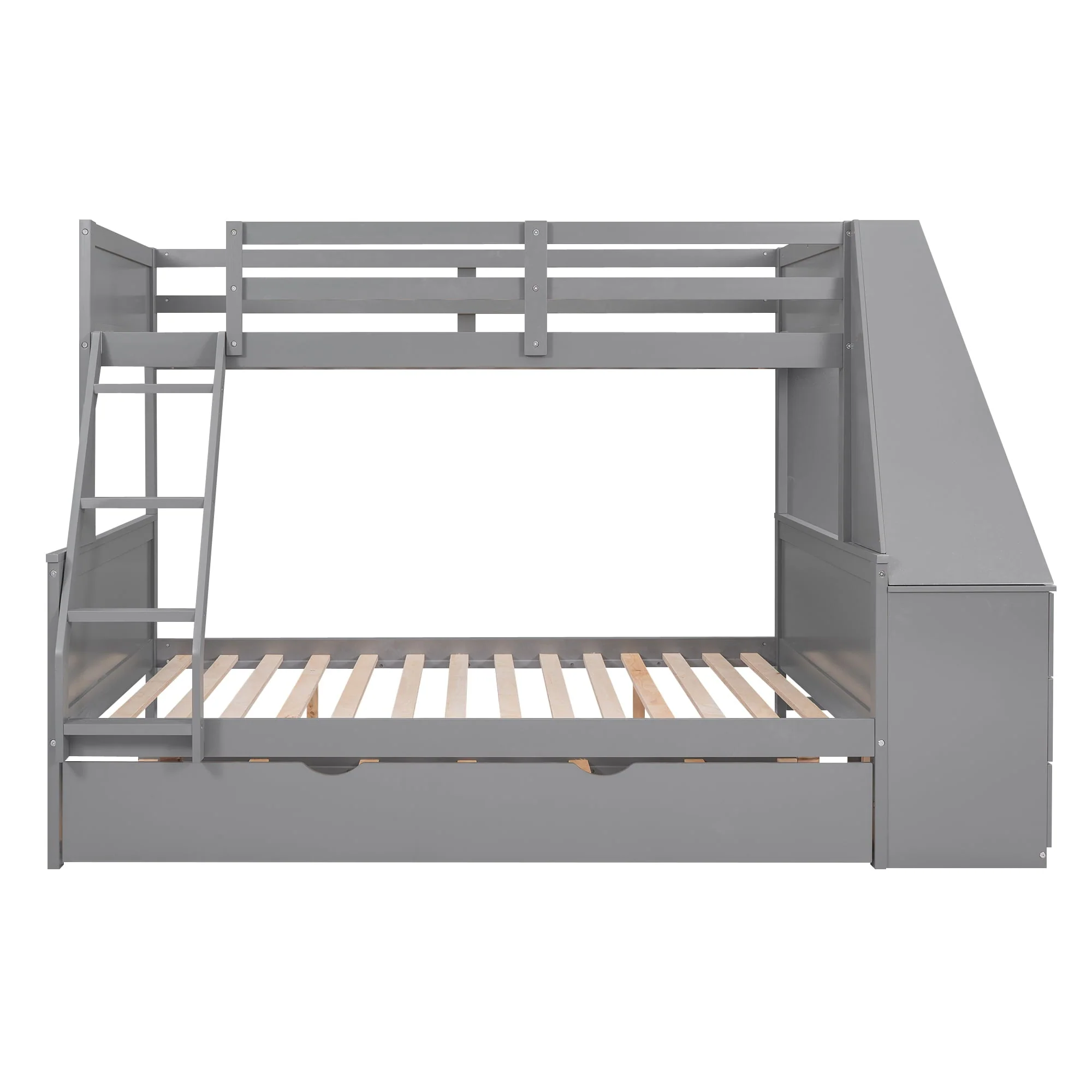 EUROCO Twin over Full Bunk Bed with Trundle, Built-in Desk with Bookcase and 3 Drawers for Kids, Gray