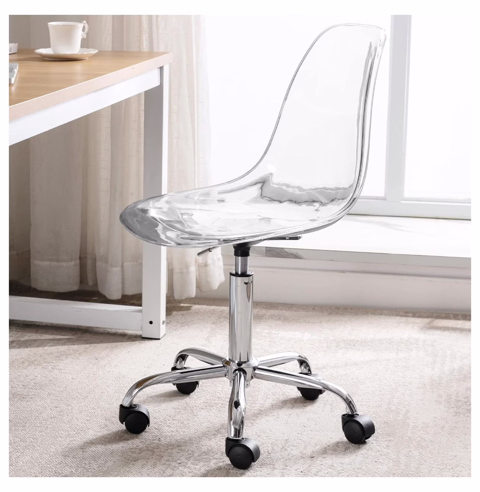 Echoworld Clear Rolling Chair, Armless Desk Chair with Golden Feet Swivel Molded Plastic Shell Adjustable Home Office Chair with Wheels, Clear