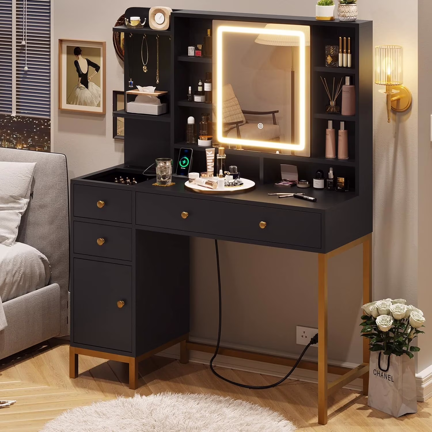 AOGLLATI Makeup Vanity with Lights in 3 Colors, White Vanity Desk with Mirror and Lights, Vanity Table with Charging Station, Makeup Desk with Visible Drawers, Hidden and Open Storage Shelves