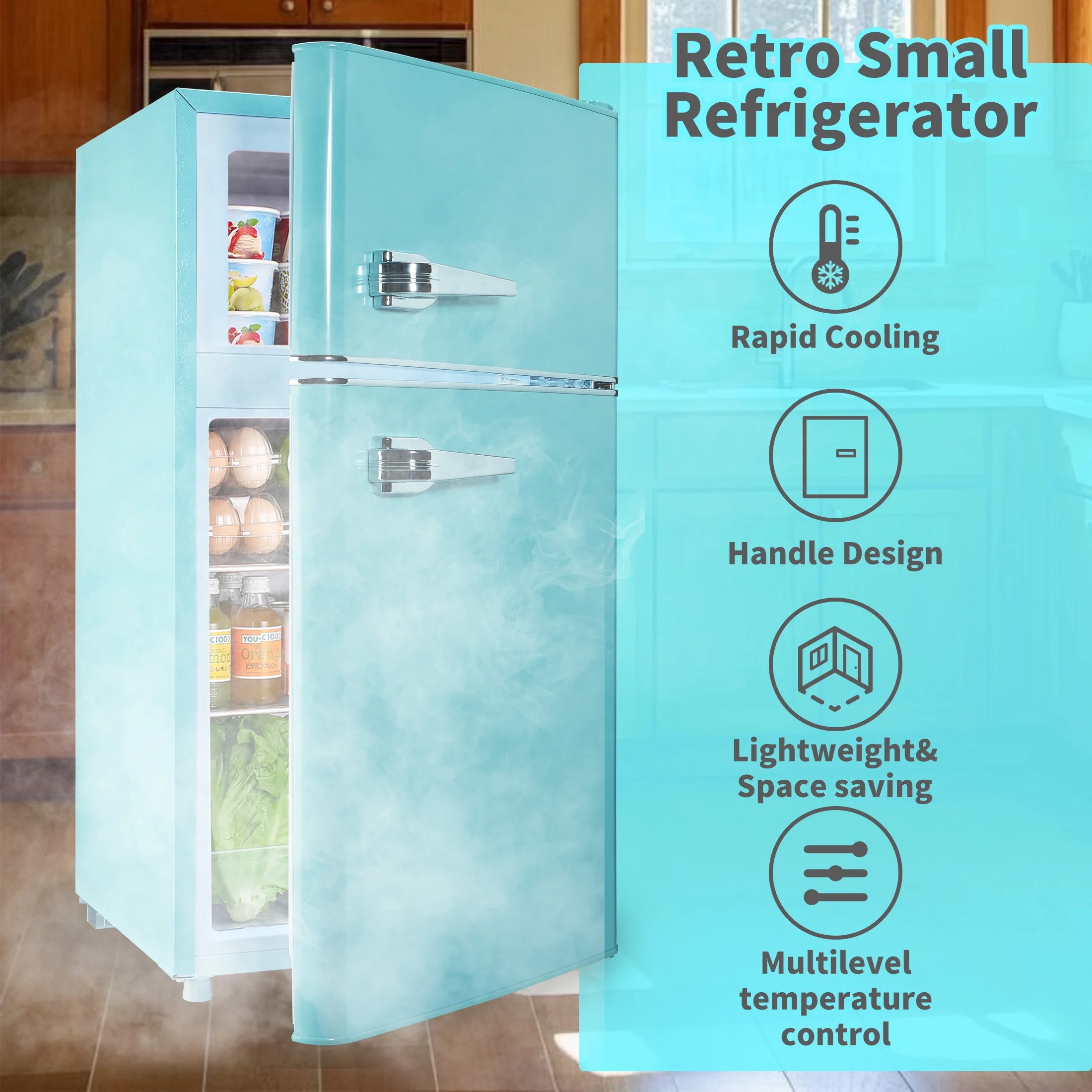 2 Door Mini Fridge with Freezer,3.5Cu.ft Small Freezer,7 Adjustable Thermostat,Blue,New