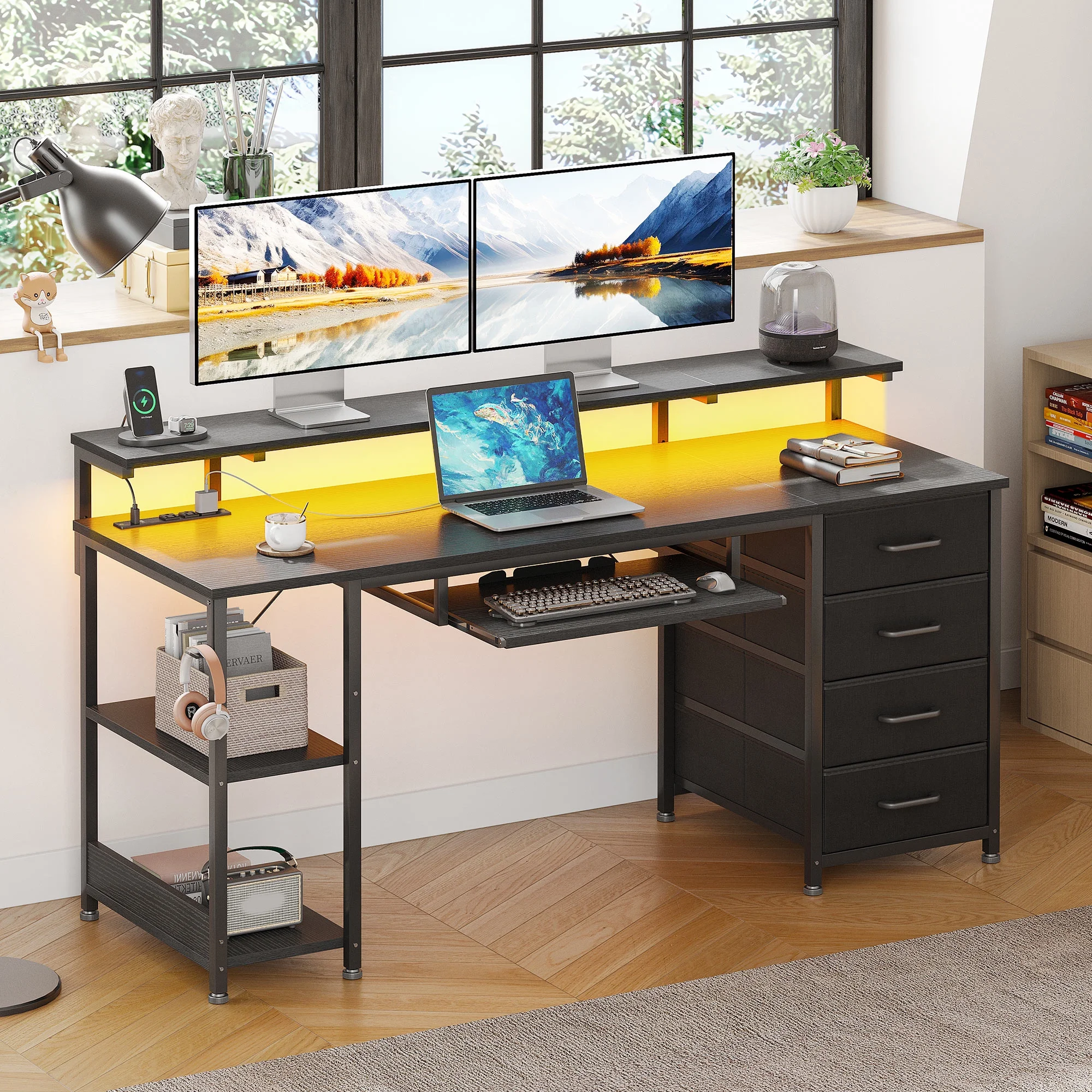 55 inch Office Desk with Power Outlet and Adjustable Monitor Stand, Computer Desk with Fabric Drawer and Keyboard Tray, Gaming Desk with LED Light & PC Stand, Vintage