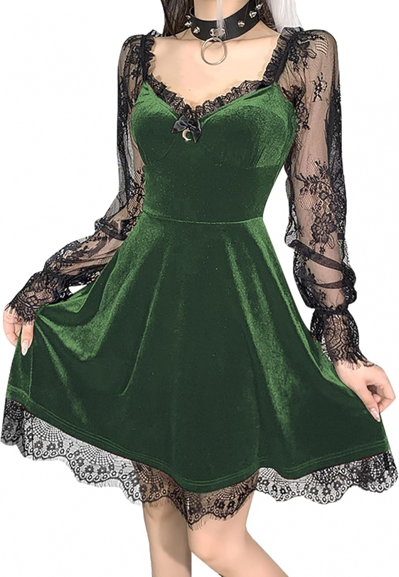 Women Gothic Velvet Dress - Flared Lace Long Sleeve Midi Dresses