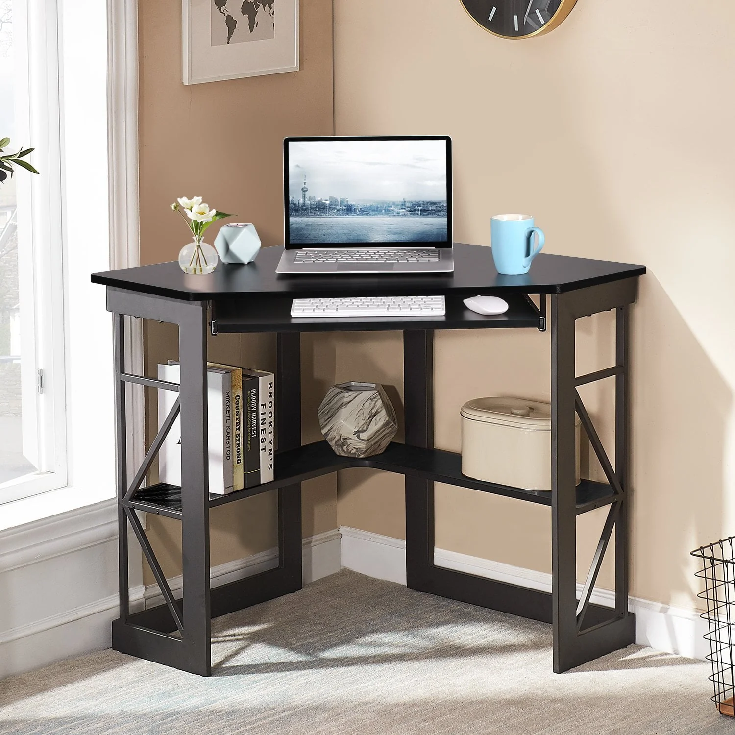 VECELO Corner Computer Desk with Keyboard Tray and Storage Shelf, Student Study Writting Table Workstation for College Dorm Apartment Home Office, Black (90 Degrees)
