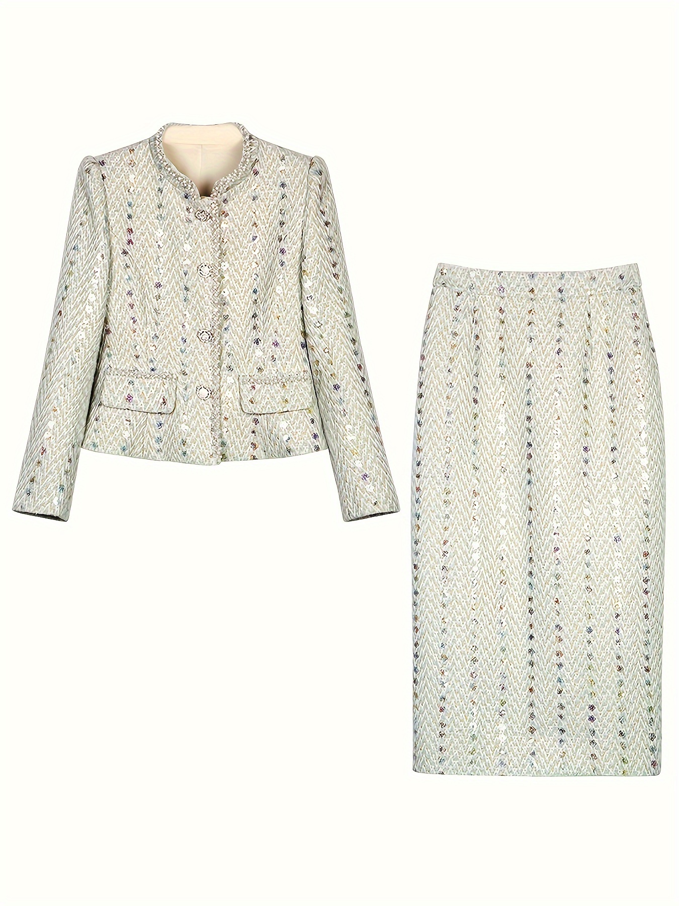 Elegant Sequin Skirt Set, Long Sleeve Open Front Jacket & High Waist Bodycon Skirt Outfits, Women’s Clothing