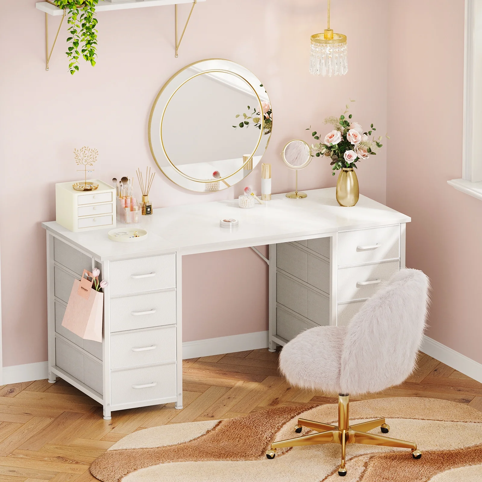 White Computer Desk with Drawers for Storage - 48 inch Home Office Desk with 8 Fabric Drawers, Writing Study Desk with Drawers on Both Sides for Bedroom