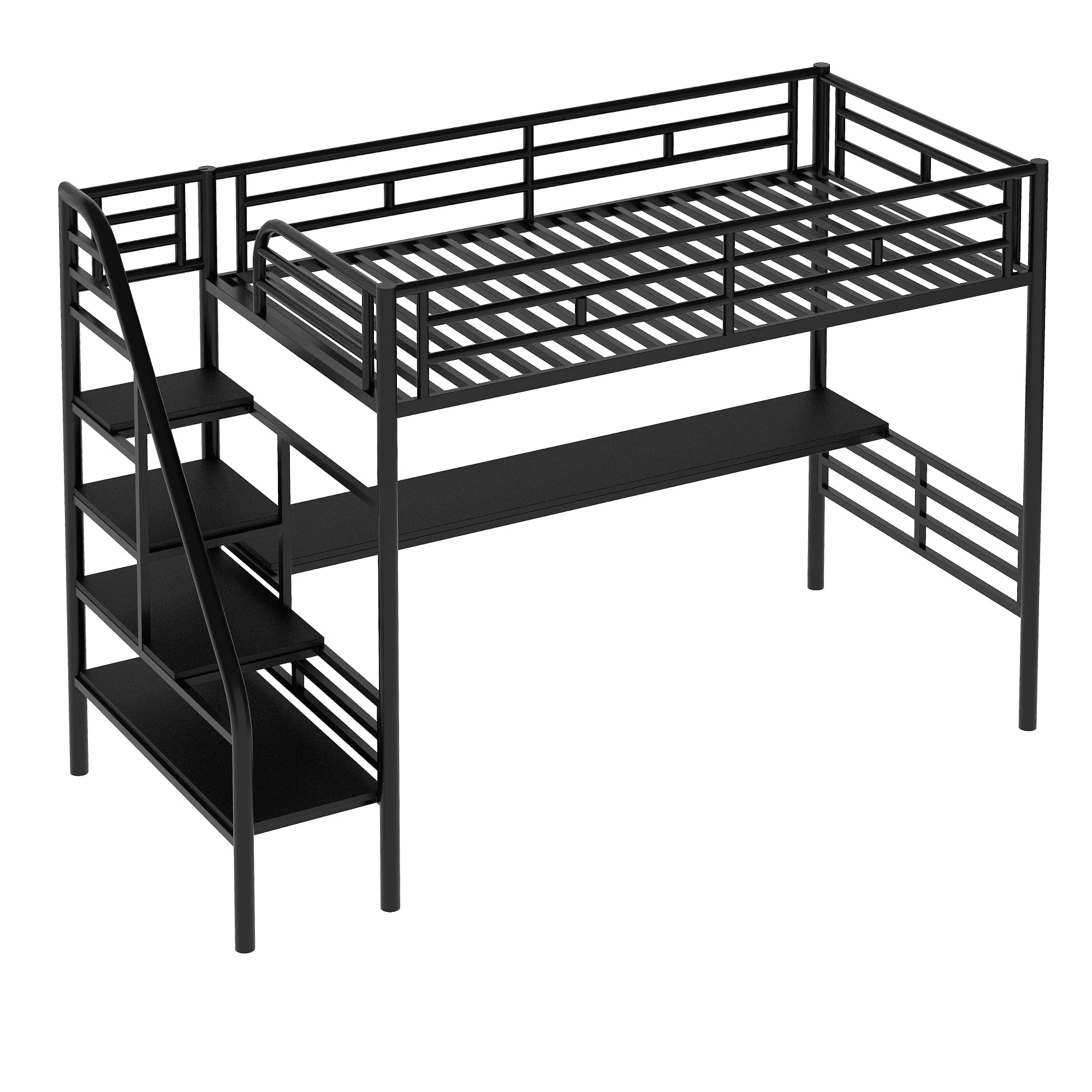 Euroco Metal Twin Size Loft Bed with Desk & Stairways for Child, Black