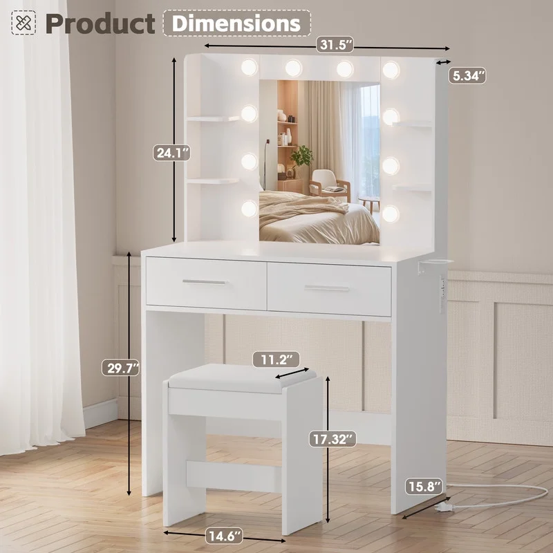 Furmax Makeup Vanity Table and Chair Set with 3 Modes Adjustable Lights and Mirror Vanity Desk with Shelves and Drawer, White
