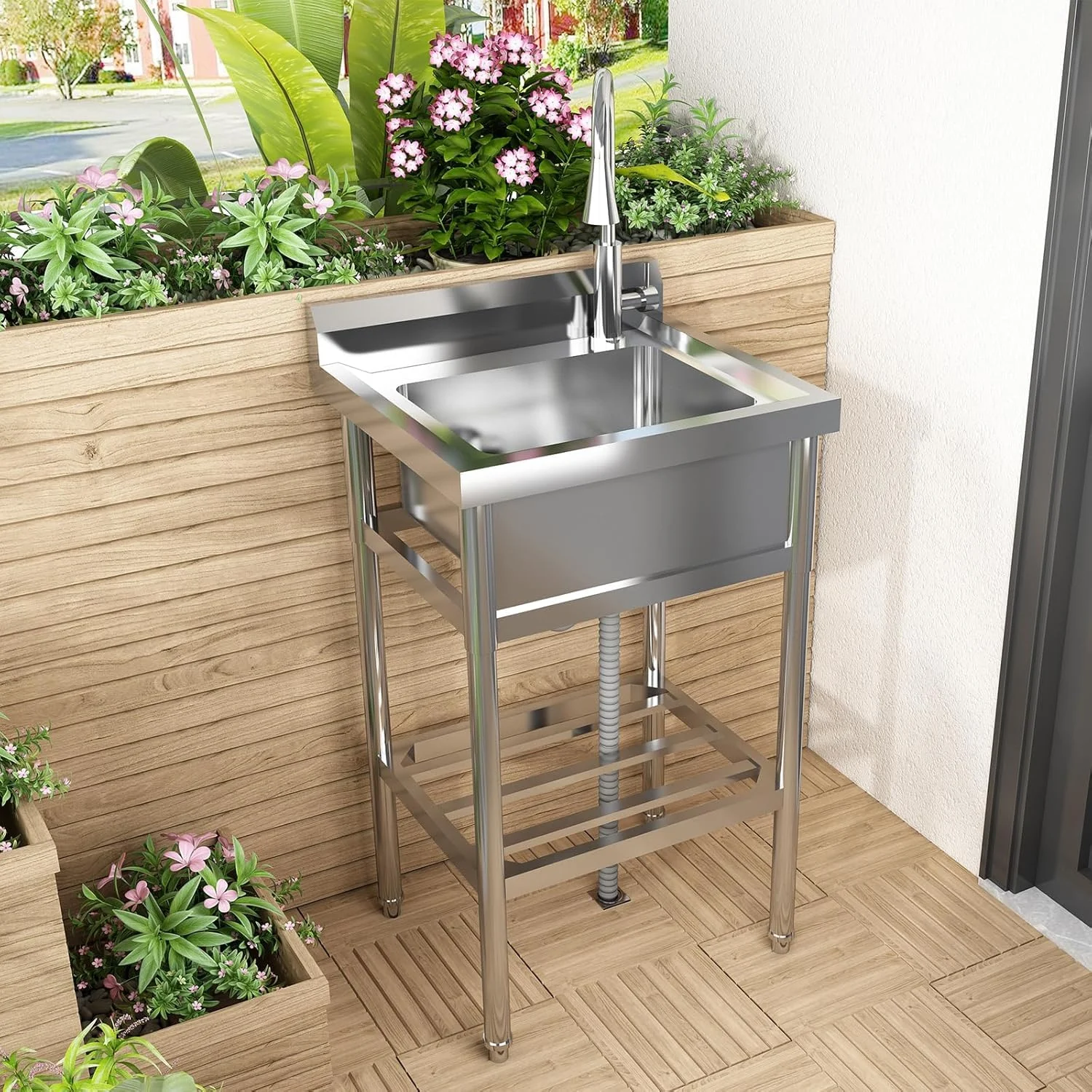 TROPOW 24x20x42 Inch Stainless Steel Utility Sink, Freestanding Single Bowl with Cold and Hot Water Hose and Faucet, Commercial Sink Kitchen Sink for Restaurant Laundry Room Bathroom Garage Garden