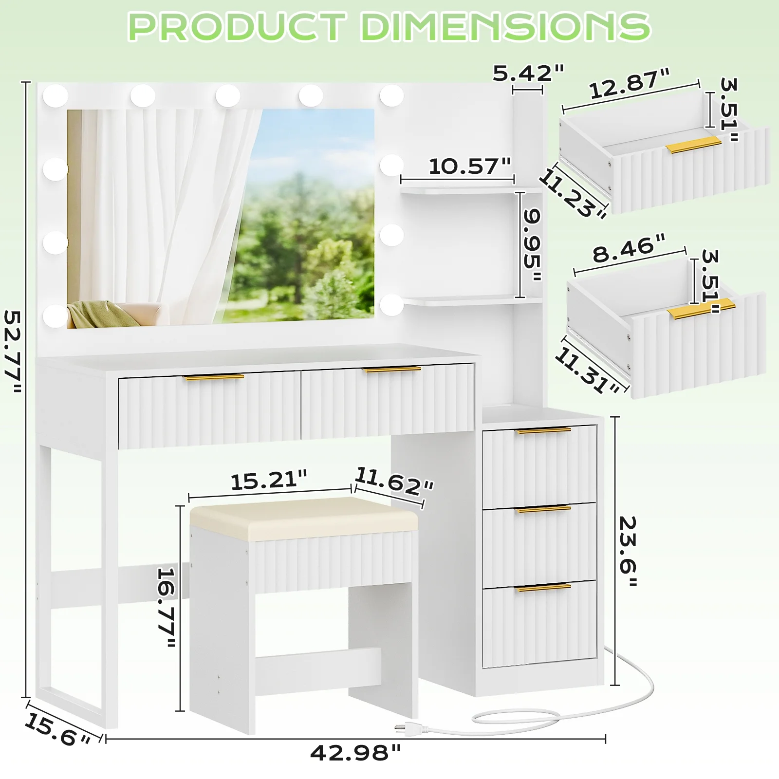 Ktaxon Flutted Makeup Vanity Table Set with 5 Drawer, Dressing Table w/Charging Station, Vanity Desk for Femal Gift, White