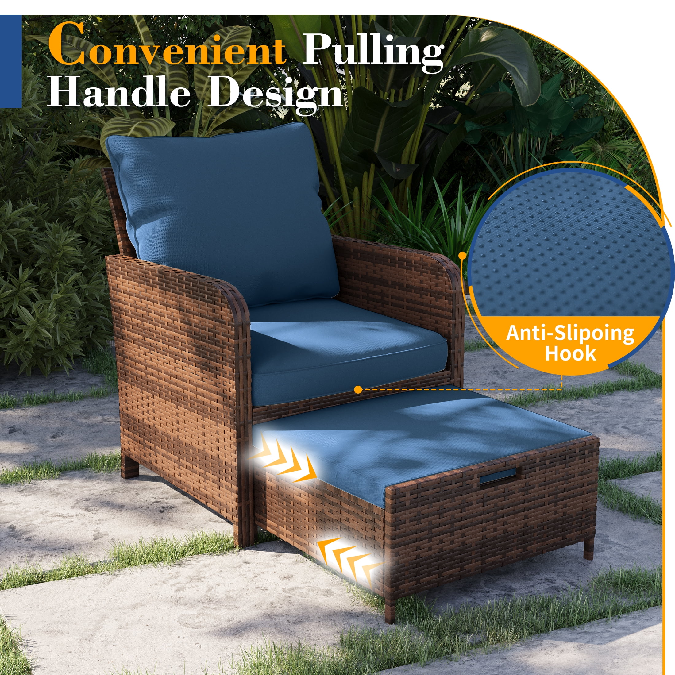 Poteban Balcony Furniture 5 Piece Patio Furniture Set, Outdoor Patio Chair with Ottoman for Front Porch Deck, Wicker Lounge Chair with Side Table, Grey
