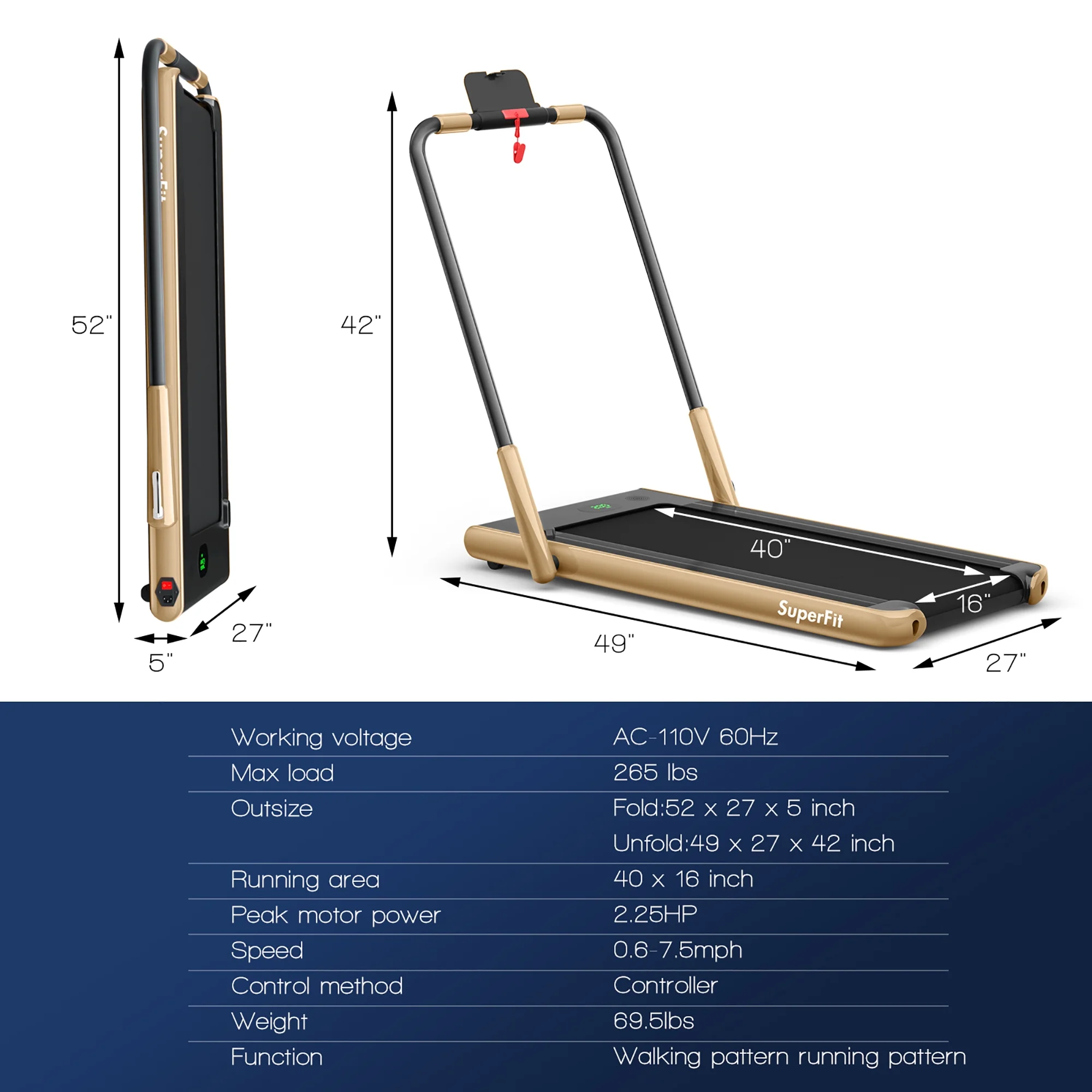 SuperFit Up To 7.5MPH 2.25HP 2-in-1 Folding Under Desk Treadmill W/Speaker Controller APP, Single Display Screen Silver