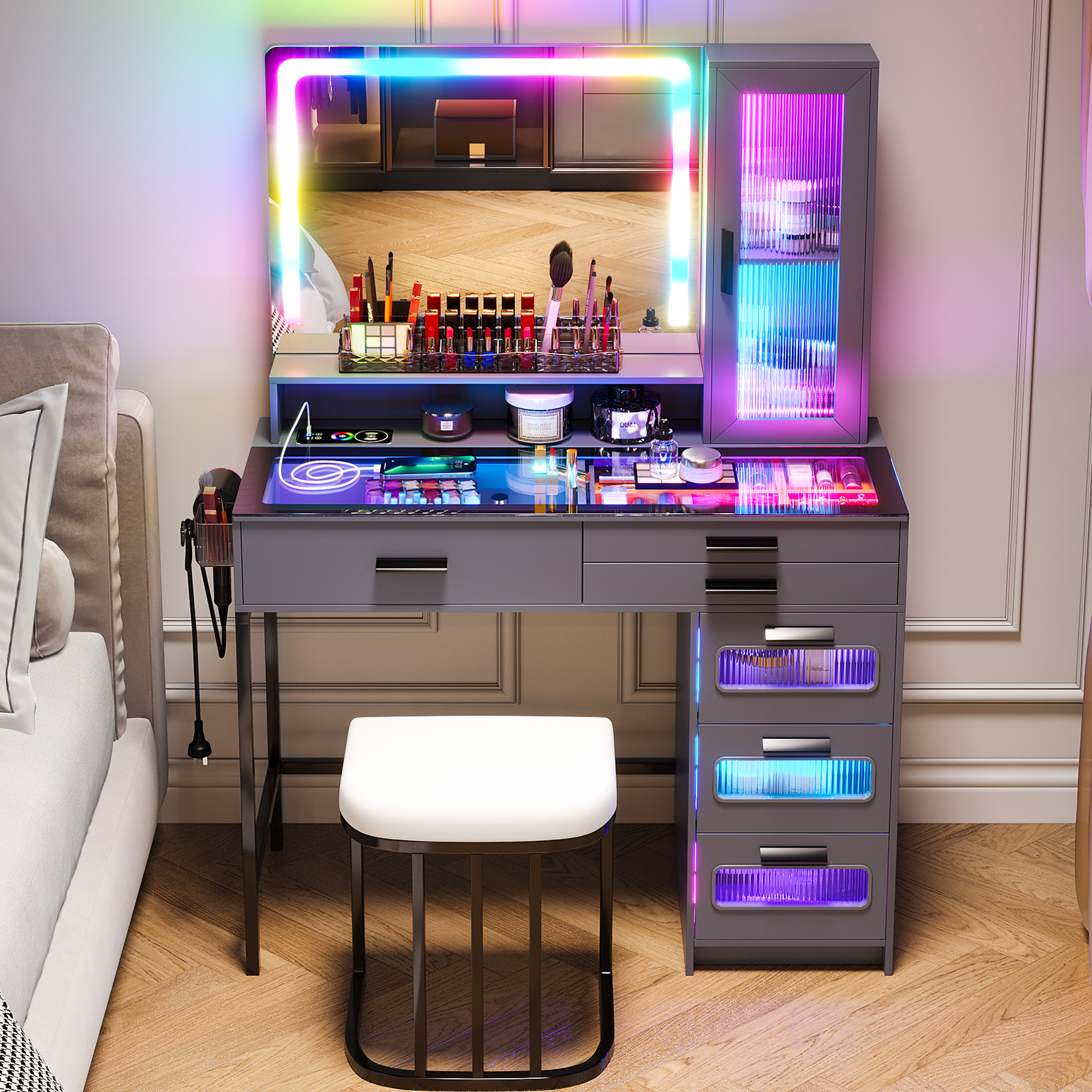 HNEBC Vanity Desk with Mirror and RGB Lights, Glass Top Makeup Vanity with Auto Sensor Lights and Wireless Charging, Vanity Table Set with Cushion Stool, Dressing Table with 6 Drawers (White)