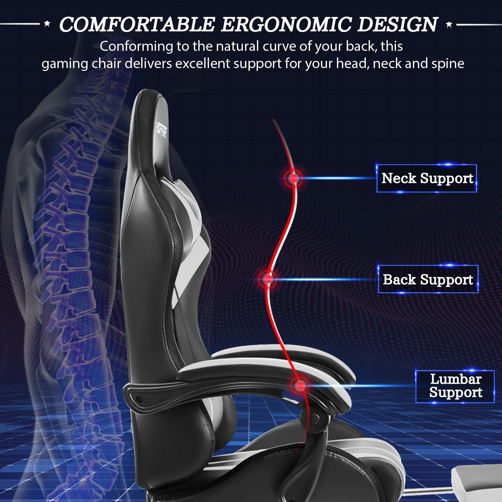Hoffree Gaming Chair with Massage PU Leather Office Chair with Footrest and LED Light Ergonomic Gamer Chair Lumbar Support Adjustable Headrest High Back Computer Desk Chair for Home Office