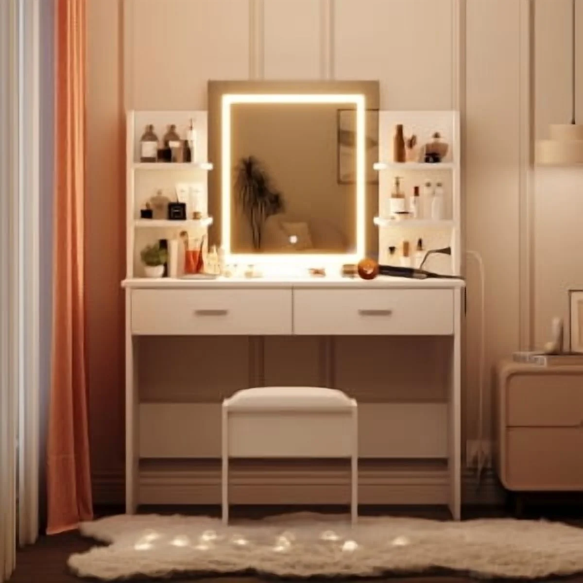 OYang Makeup Vanity Desk with Lighted Mirror and Stool, Vanity Table and Chair Set with 2 Storage Drawer 4 Shelves, Power Outlet, 3 Color Modes Adjustable LED Mirror & Stepless Dimmable for Bedroom