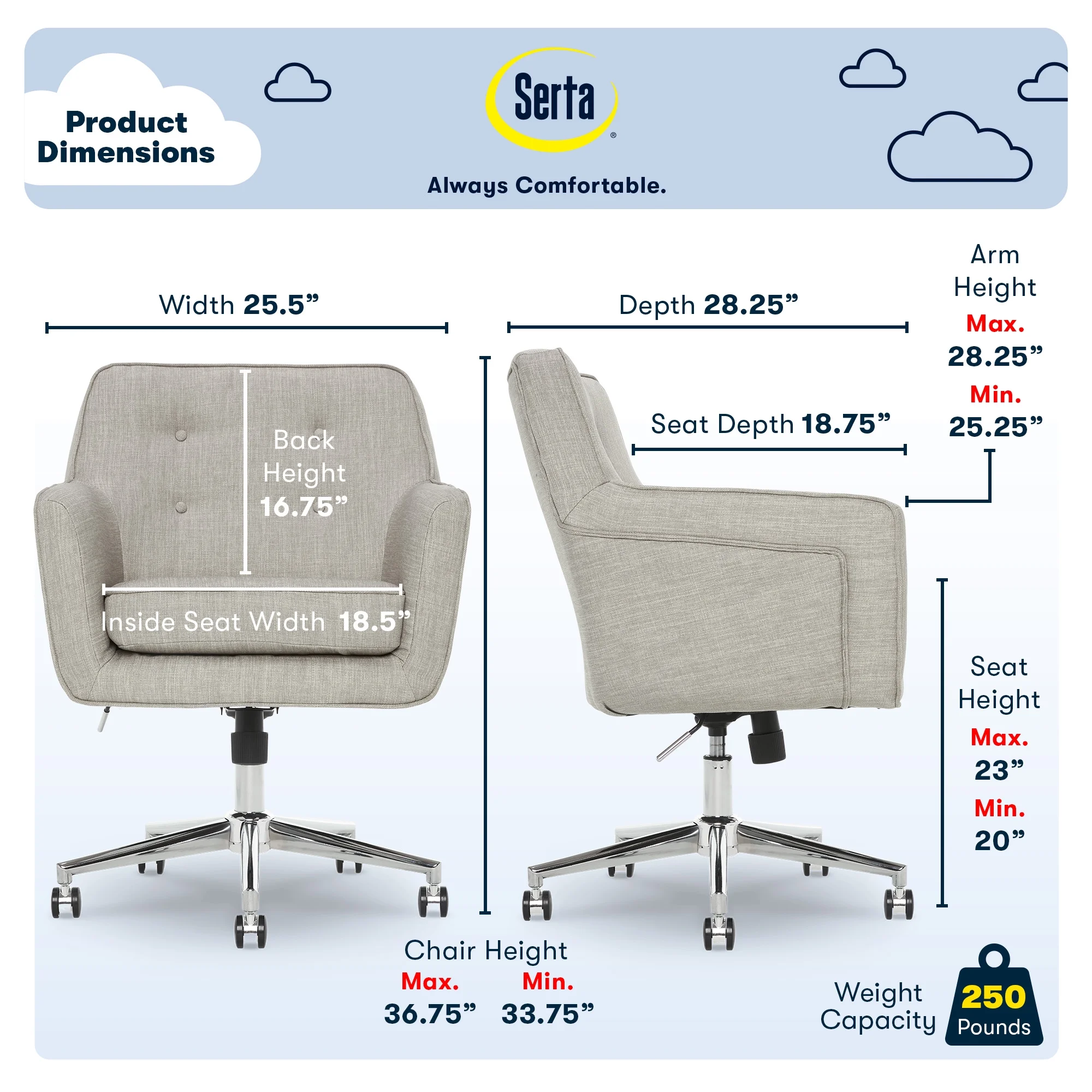 Serta Ashland Office Desk Chair, Button Tufted Mid-Back, Memory Foam Cushion, Chrome Swivel Base, Charcoal