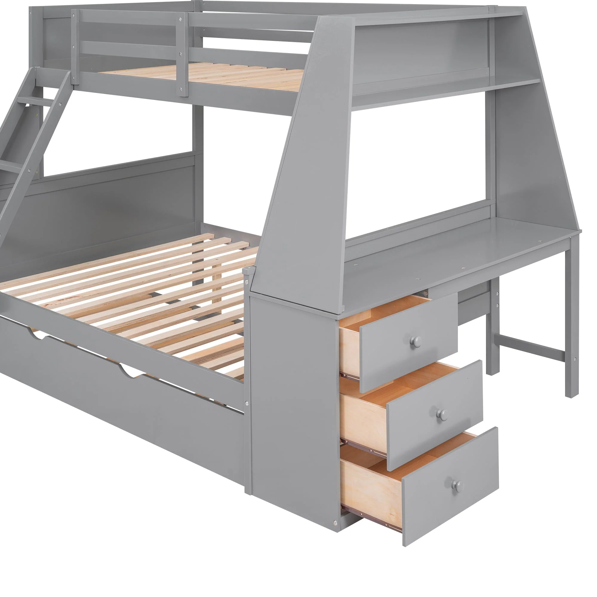 EUROCO Twin over Full Bunk Bed with Trundle, Built-in Desk with Bookcase and 3 Drawers for Kids, Gray