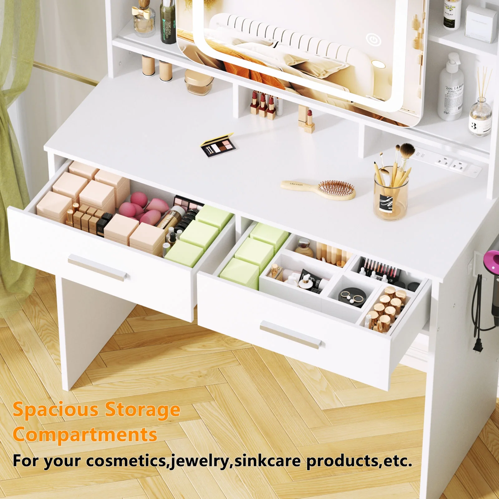Satifur White Vanity Desk Set with Mirror and Lights, Makeup Table with Charging Station, Comfortable Bench, Big Vanity with 3 Storage Compartments, 39.4in