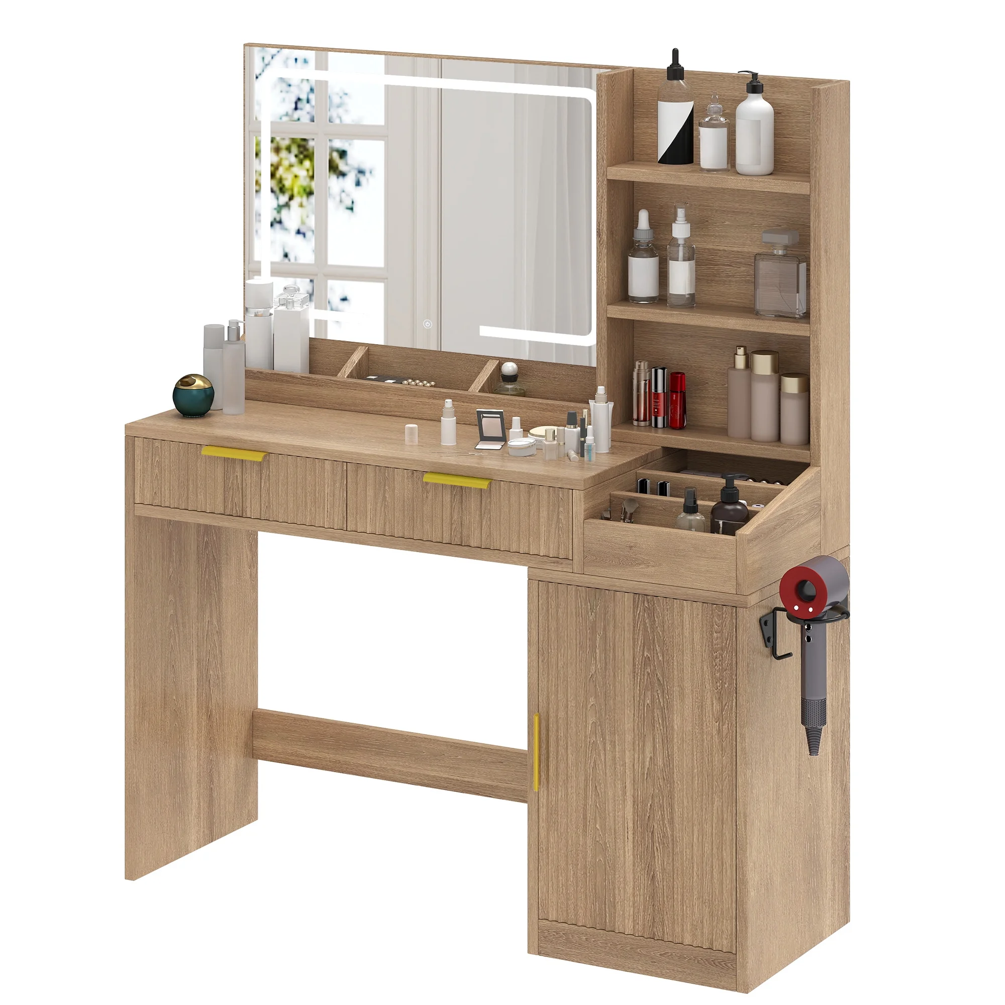Uforic Vanity Desk with Mirror and LED Lights, Makeup Vanity Table with 2 Drawers & 11 Shelves, Makeup Table with Power Outlet for Bedroom Dressing Room,Oak