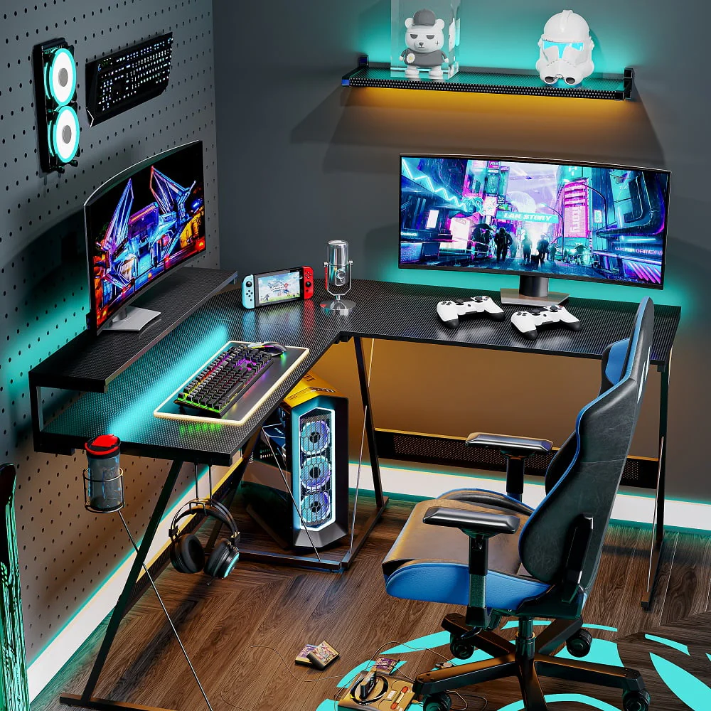 Bestier 55 inch L-Shaped Gaming Computer Desk with Monitor Stand Home Office Corner Desk Black