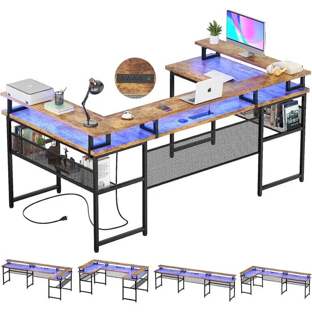 Homieasy U Shaped Desk with Power Outlet, 83 inch Reversible L-Shaped Gaming Desk with Monitor Stand and LED Strips, 2 Person Corner computer Desk with Storage Shelf for Home Office, Black