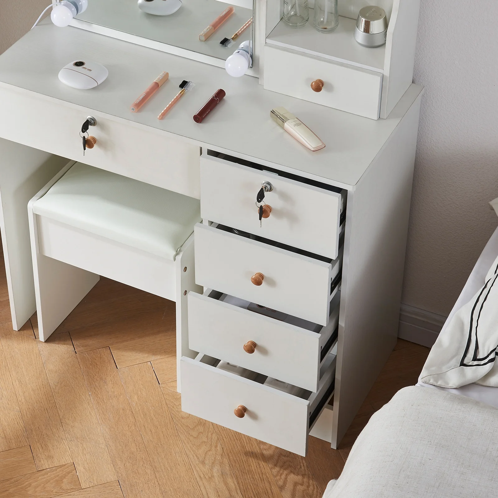 Yamissi Modern Makeup Vanity for Bedroom, Vanity Desk with LED Lighted Sliding Mirror and Stool, Makeup Table with Storage Shelves and Drawers, White
