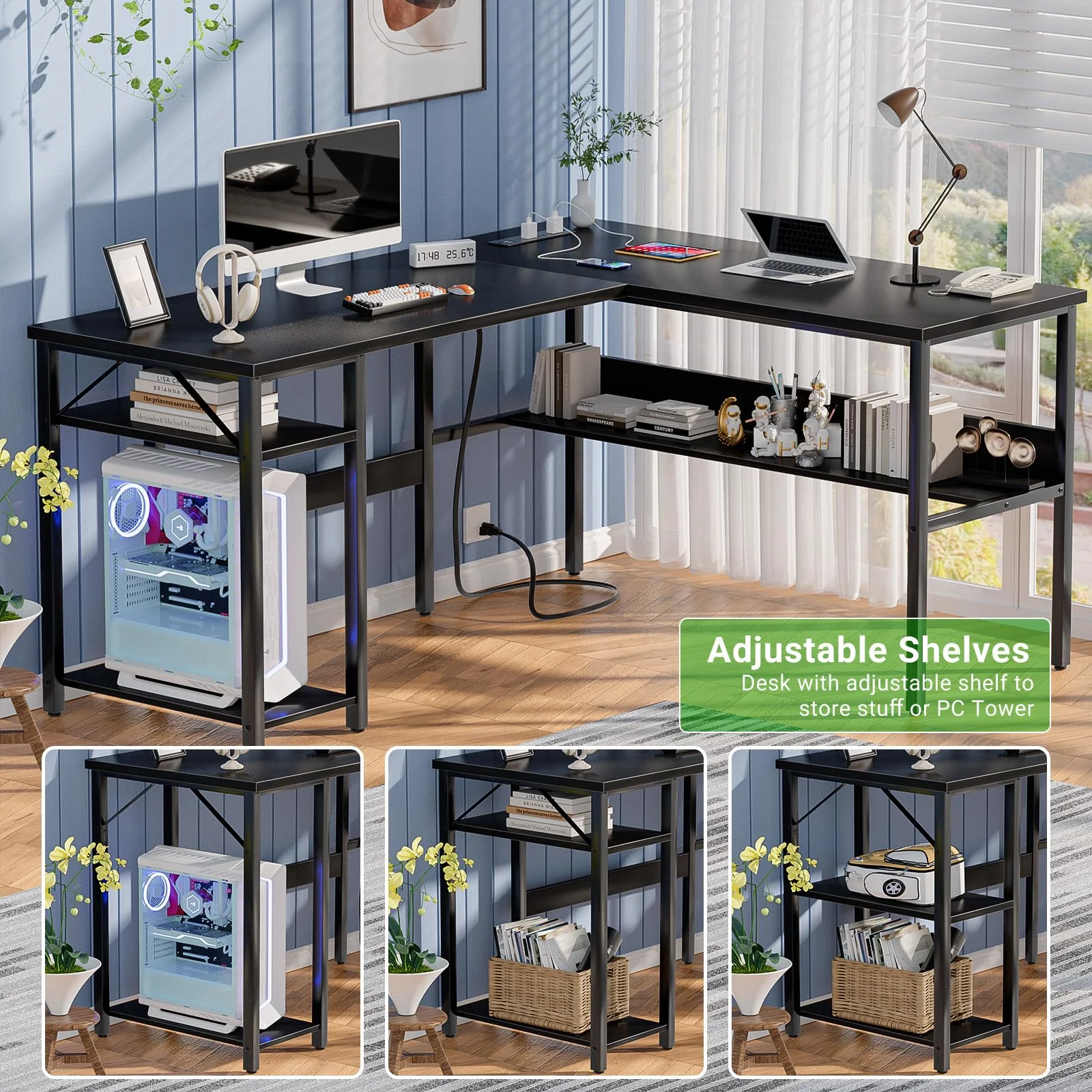 Homieasy Reversible L Shaped Desk with Magic Power Outlets and USB Charging Ports, Sturdy Corner Computer Desk with Storage Shelves, Gaming Table Home Office Desk, Easy to Assemble, Black Oak