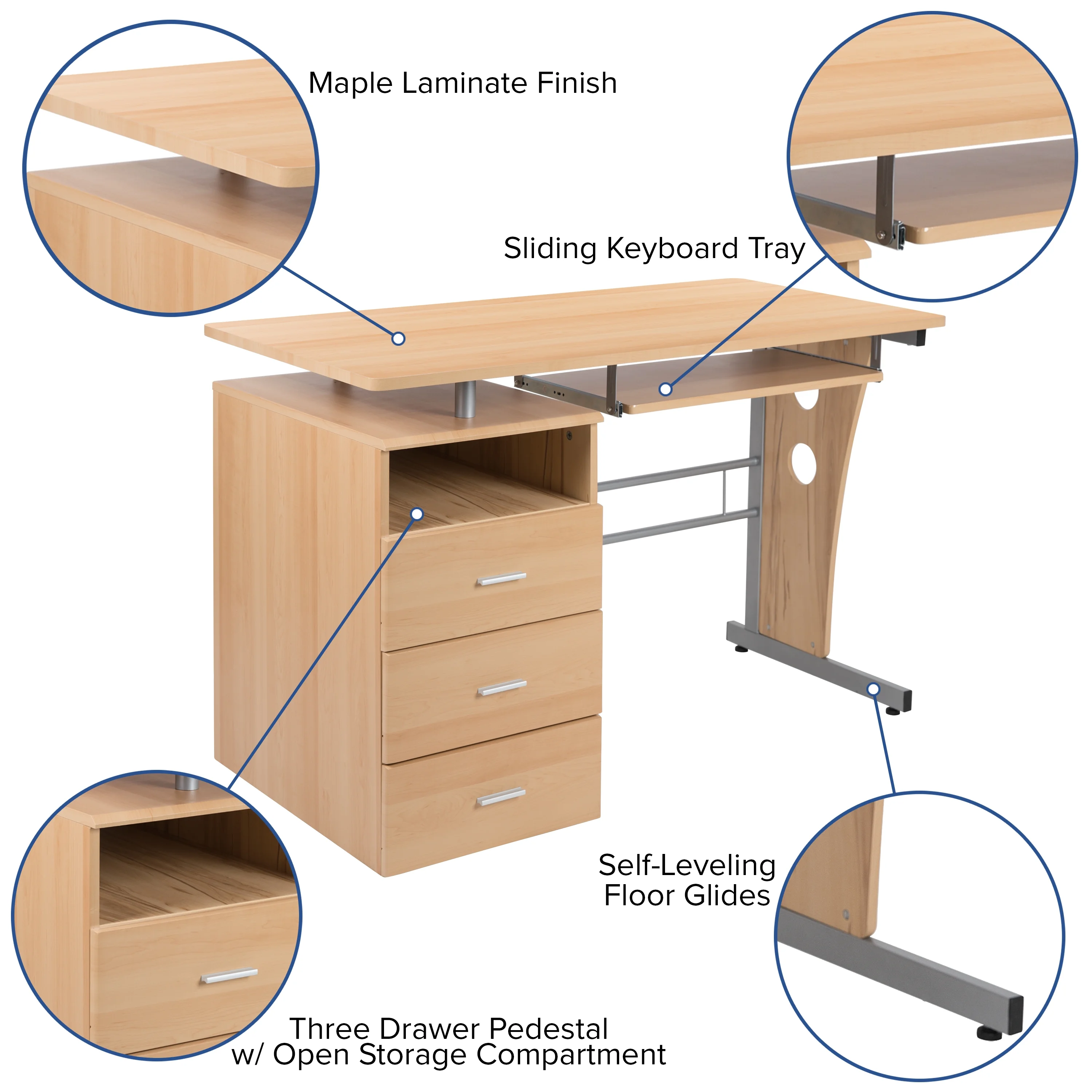 Flash Furniture Rustic Walnut Desk with Three Drawer Pedestal and Pull-Out Keyboard Tray
