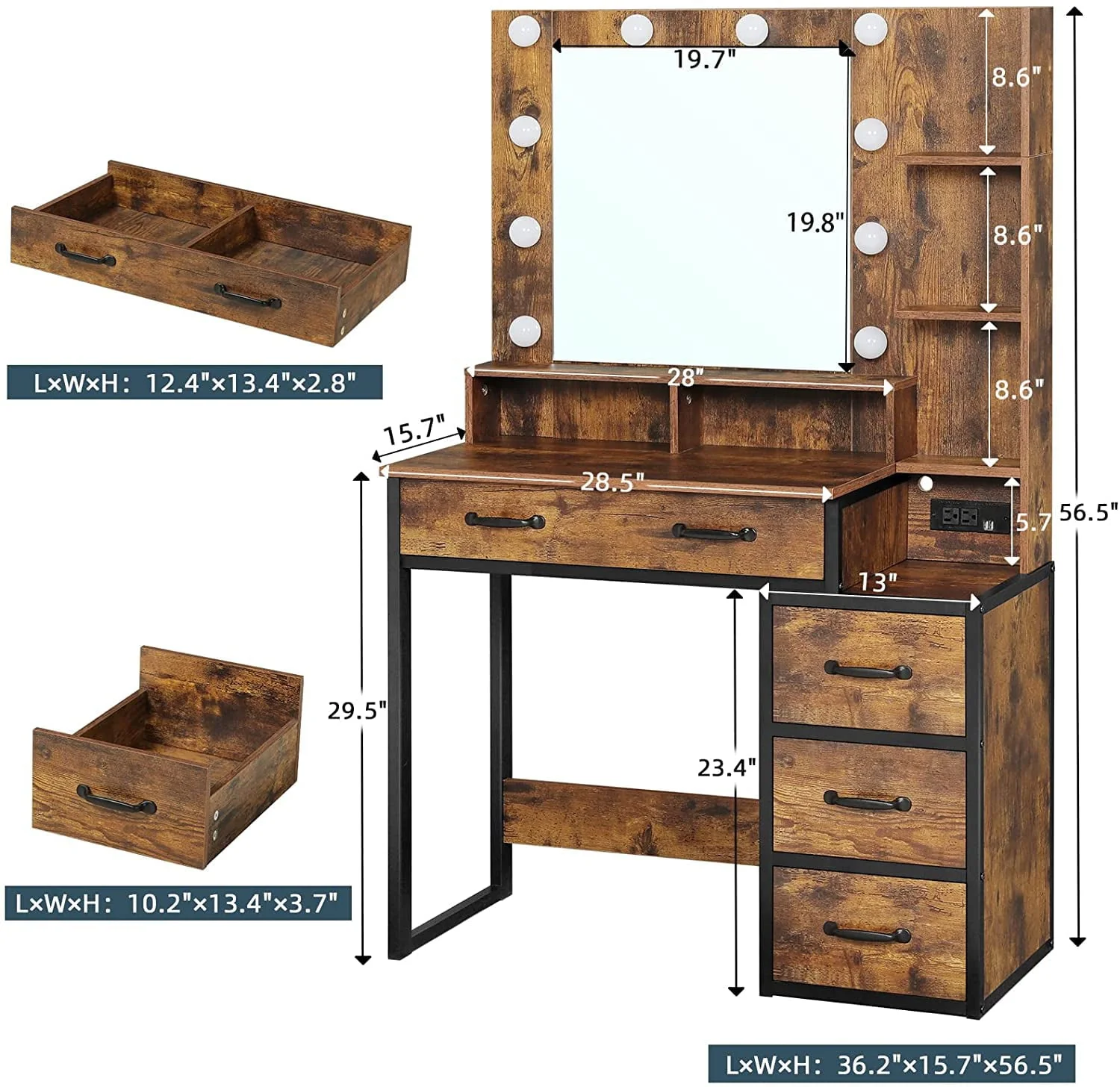 Rustic Vanity Desk Makeup Dresser Desk Table with Lighted Mirror & Charging Station & 5 Drawers, 10 LED Light, Brown & Black