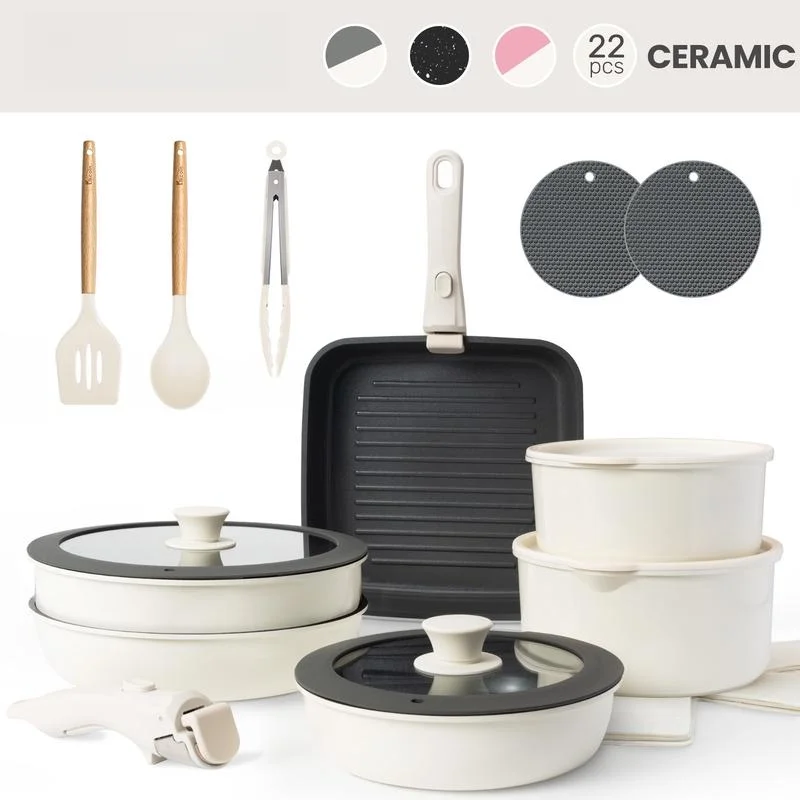 Non-Toxic Nonstick Ceramic 22 pcs pots and pans set complete Cookware Set with Lids,Detachable Handle,PFAS-Free,Dishwasher Oven Safe,Kitchen Outdoorfun Induction Compatible