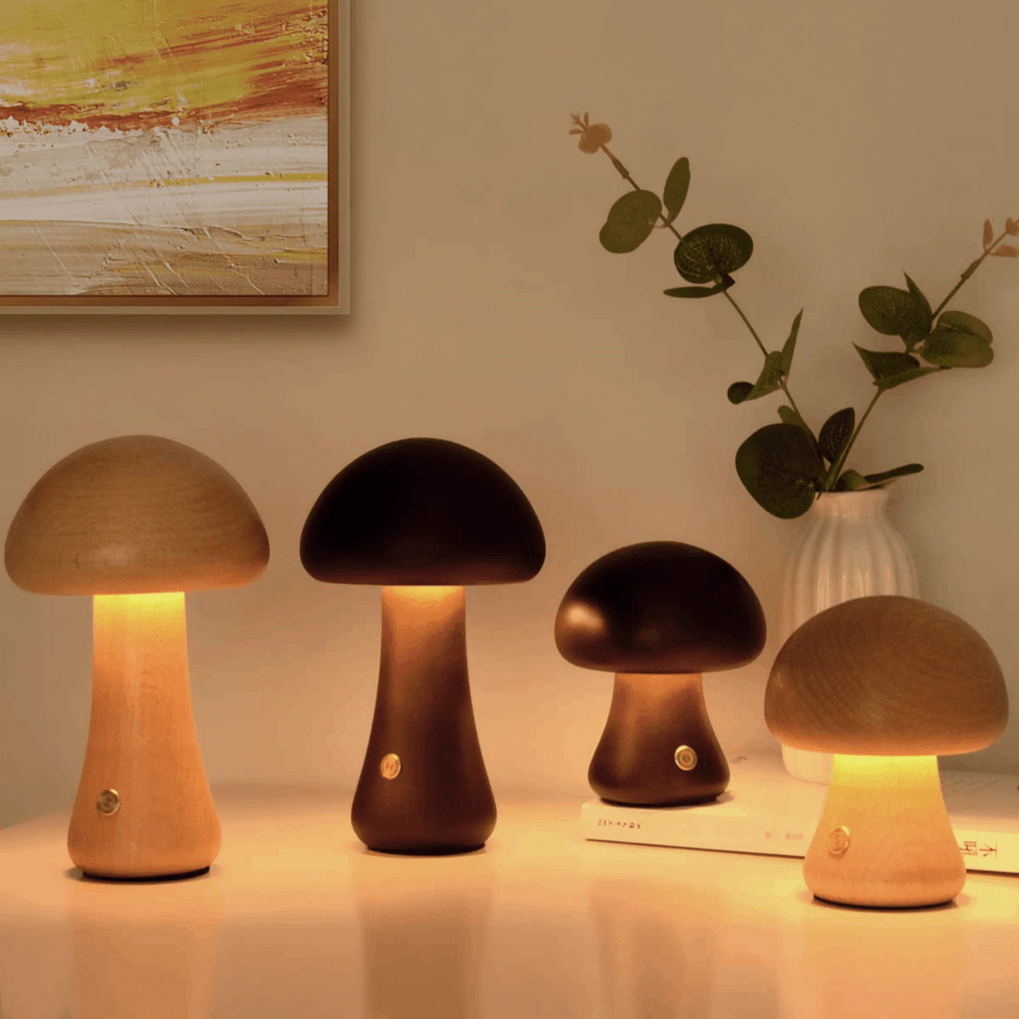 Mushroom Table Lamp, Dimmable LED Creative Wood Desk Lamp with USB Charging for Home Decor