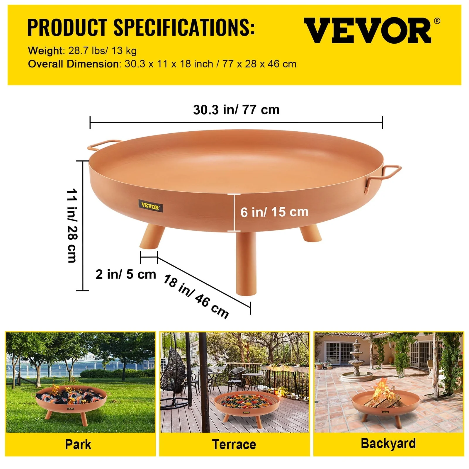 VEVOR Fire Pit Bowl, 30-inch Deep Round Carbon Steel Fire Bowl, Wood Burning for Outdoor Patios, Backyards & Camping Uses, with A Drain Hole, Portable Handles and A Firewood Stick, Brown